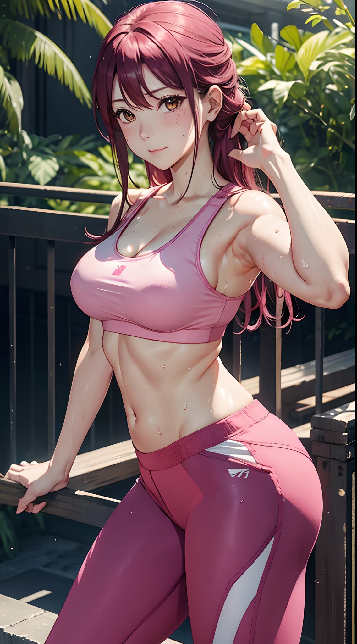 Sakurauchi riko, pink skinny sweet pants, tight gym bra, sweating,sweat drops ,  (cleavage:0.7),unstyled hair,wet hair,yellow eyes,thicc legs, standing, posing for picture, slightly smile