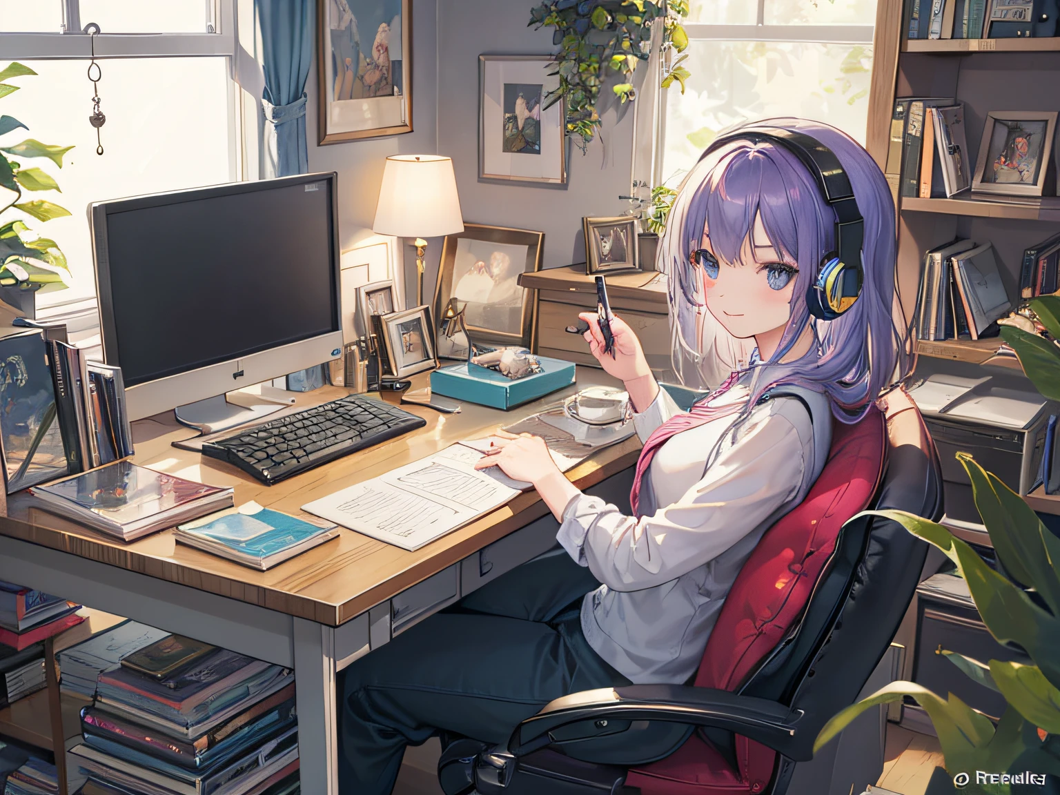 evening, nightfall.The girl leaned back in her chair in a resting position,Low-Fi Atmosphere,Calm and relaxed atmosphere,Cozy room with warm lighting,Vintage style illustration,Soft & Muted Colors,Cute anime character,Retro computer monitor and keyboard,Over-ear headphones,coffee mug,Cat silit on the windowsill. Smiling face with rosy cheeks,Keyboard with multi-colored keycaps,Ornamental plants on the table,Fairy lights in the background,Art posters on the wall,Soft Light, flowing through the window,Quiet and peaceful environment,Inspiring and creative atmosphere,Retro aesthetics,Relaxing music, playing in the background,Comfortable chair and ergonomic environment,desk, littered with art notebooks and stationery,Stylish & Unique Desktop Wallpapers,bookshelf, filled with books and vinyl records,A creative workspace with a personal touch,A neat and organized table, Lava lamp on the table. Inspirational Quotes on the Wall,The soothing scent of a lavender candle,Bright and cheerful personality,Positive and goal-oriented attitude,A joyful and contented expression,Beautiful detailed eyes and lips,Happy and productive mood,Motivation to complete tasks,Attention to detail in every stroke,Fantasy and creativity in her work,artistic atmosphere, that inspires others.