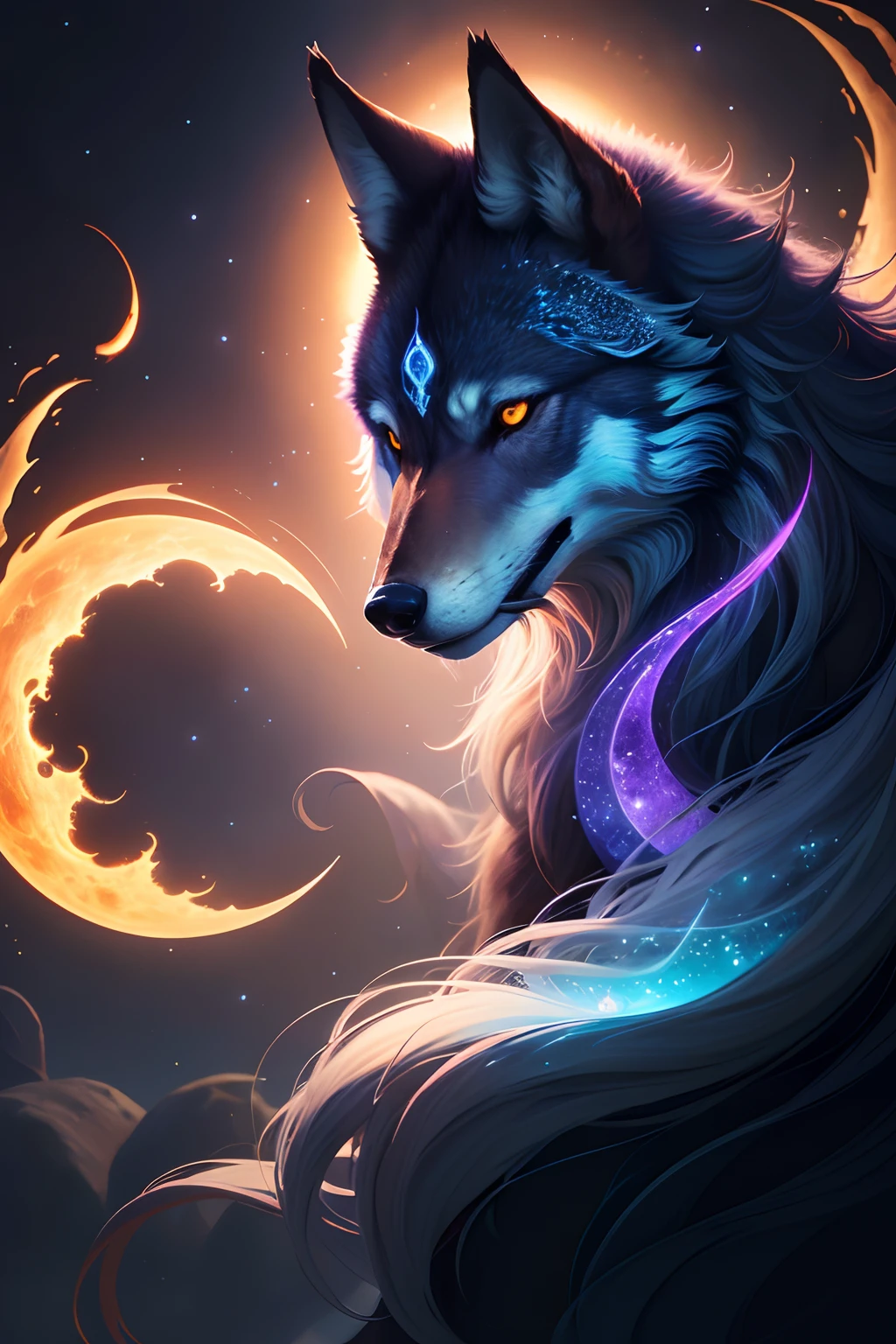On a magical night, sob o brilho prateado da lua, a legendary creature known as the Shadow Wolf of the Moon emerges. This mystical being, com uma estatura majestosa que ultrapassa dois metros, assume a forma de um lobo imponente. Their fur is a tapestry of darkness that shines, cintilando como estrelas distantes. with head down, ele observa a paisagem com olhos que emanam uma luminosidade lunar profunda, possuindo uma intensidade que parece transcender as leis da realidade.
O Lobo das Sombras da Lua, como um animal de quatro patas, se move com graciosidade pela paisagem noturna, anteriormente tranquila. The entire scene is bathed in a mystical light that brings out the details, capturing the majesty of the wolf in a magical 4K resolution. The shadows unite and separate in an eerie choreography as the wolf moves with his head bowed, e o mundo ao seu redor parece estar suspenso em um reino encantado.
Despite its mystical nature, the Wolf of the Shadows of the Moon remains an embodiment of mythological charm and power, symbolizing the mastery of shadows and night. He stands as a keeper of the secrets of the night, An enigmatic entity in a world where the magic of the moon reigns supreme.