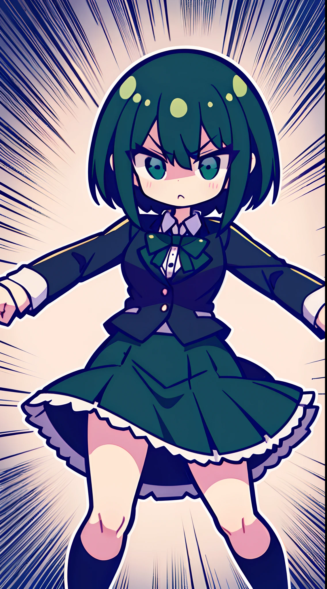 Short green and black haired girl in skirt and formal dress angry