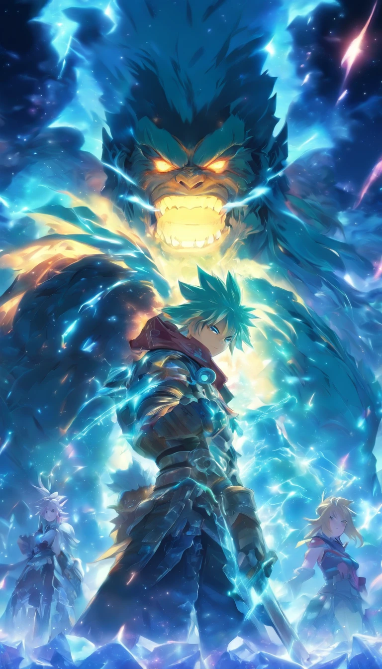 /imagine prompt: A young man with ork girl and blonde girl, facing a massive black algorithm model with a mysterious glow and immense power, ice magic,32k, best quality, masterpiece, super detail, high details, by Makoto Shinkai ,in the style of the stars art group xing xing, --niji 5"