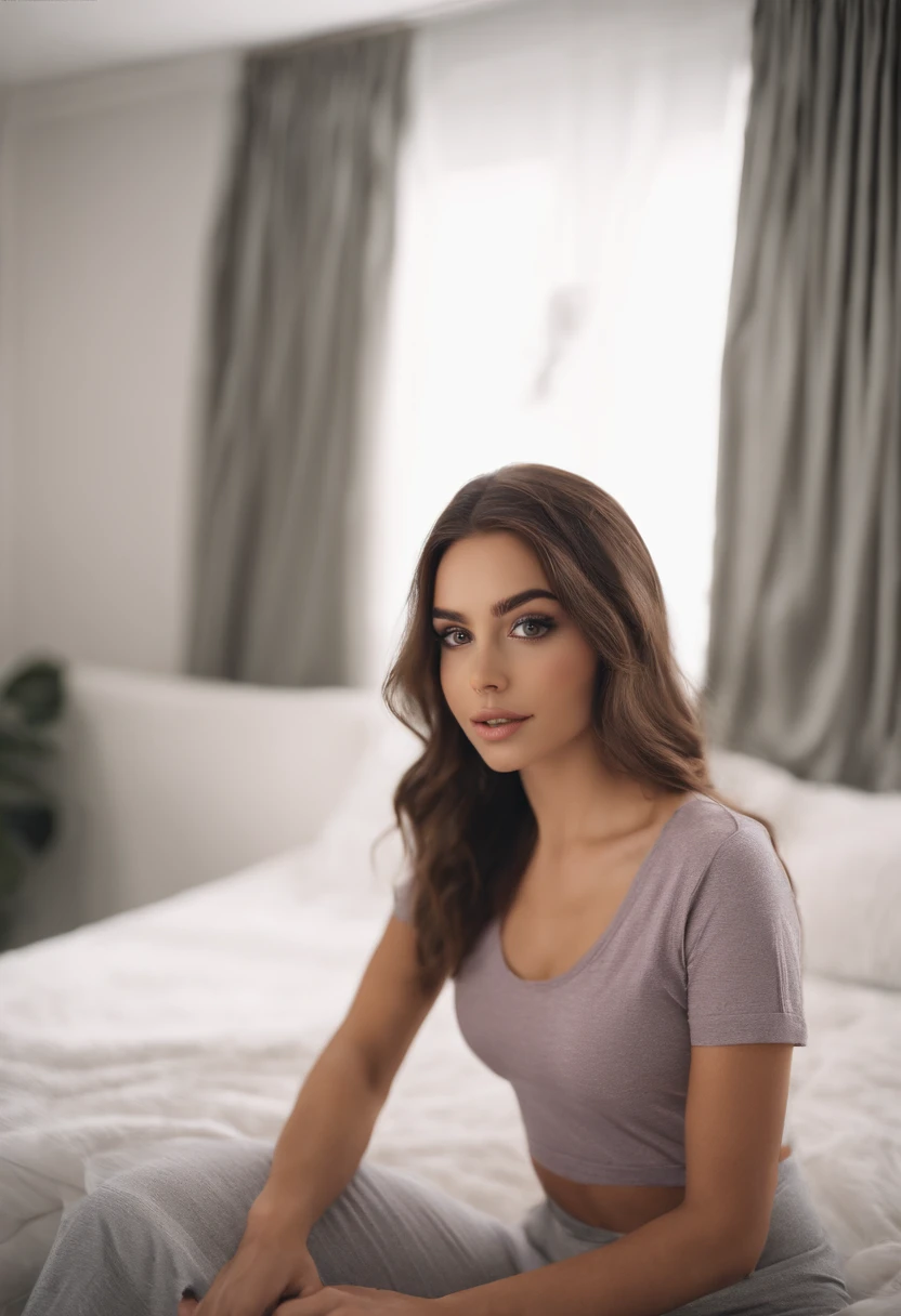 arafed woman with matching t-shirt and panties, sexy girl with brown eyes, portrait sophie mudd, brown hair and large eyes, selfie of a young woman, bedroom eyes, violet myers, with makeup, natural makeup, looking directly at the camera, face with artgram, subtle makeup, stunning full body shot, in place, clevearage
