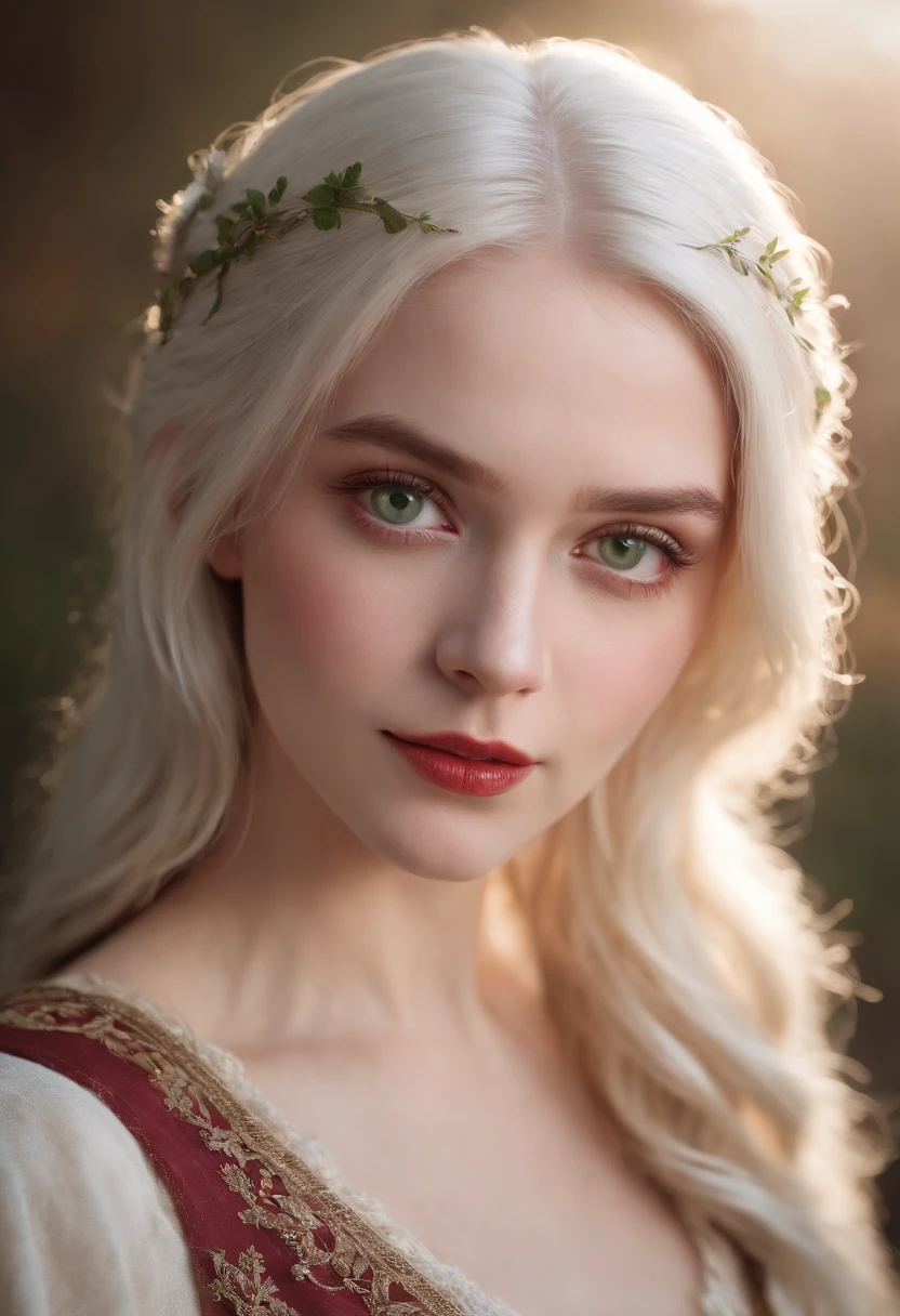 (((a deep reddish wound crosses her left cheek))) fair complexion, woman around 19 years old, natural white hair, distinctive green eyes, wearing kohl, slender and graceful, beautiful, candlelight in a medieval setting, ultra sharp focus, realistic shot, medieval female clothes, tetradic colors (scar:1.4)