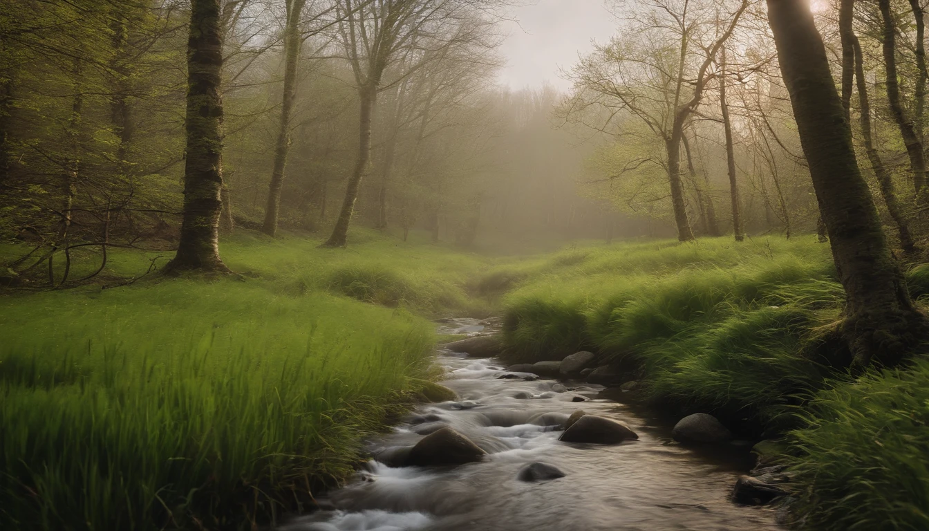 High- sharpness，Master masterpieces，Fuji，RAW photos，（fidelity：1.4），Poster effect，The base color is bright，Large area of green，Natural light， Large grasslands，There was a bit of fog，springtime，The main color is green，small stream，Three small stones by the creek，Birch forest，first person perspective