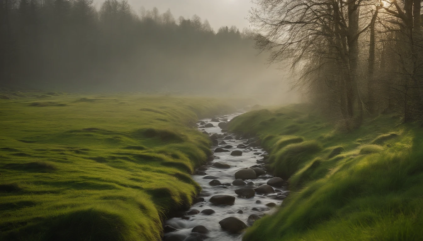 High- sharpness,Master masterpieces,Fuji,RAW photos,(fidelity:1.4),Poster effect,The base color is bright,Large area of green,Natural light, Large grasslands,There was a bit of fog,springtime,The main color is green,small stream,Three small stones by the creek,Birch forest,first person perspective