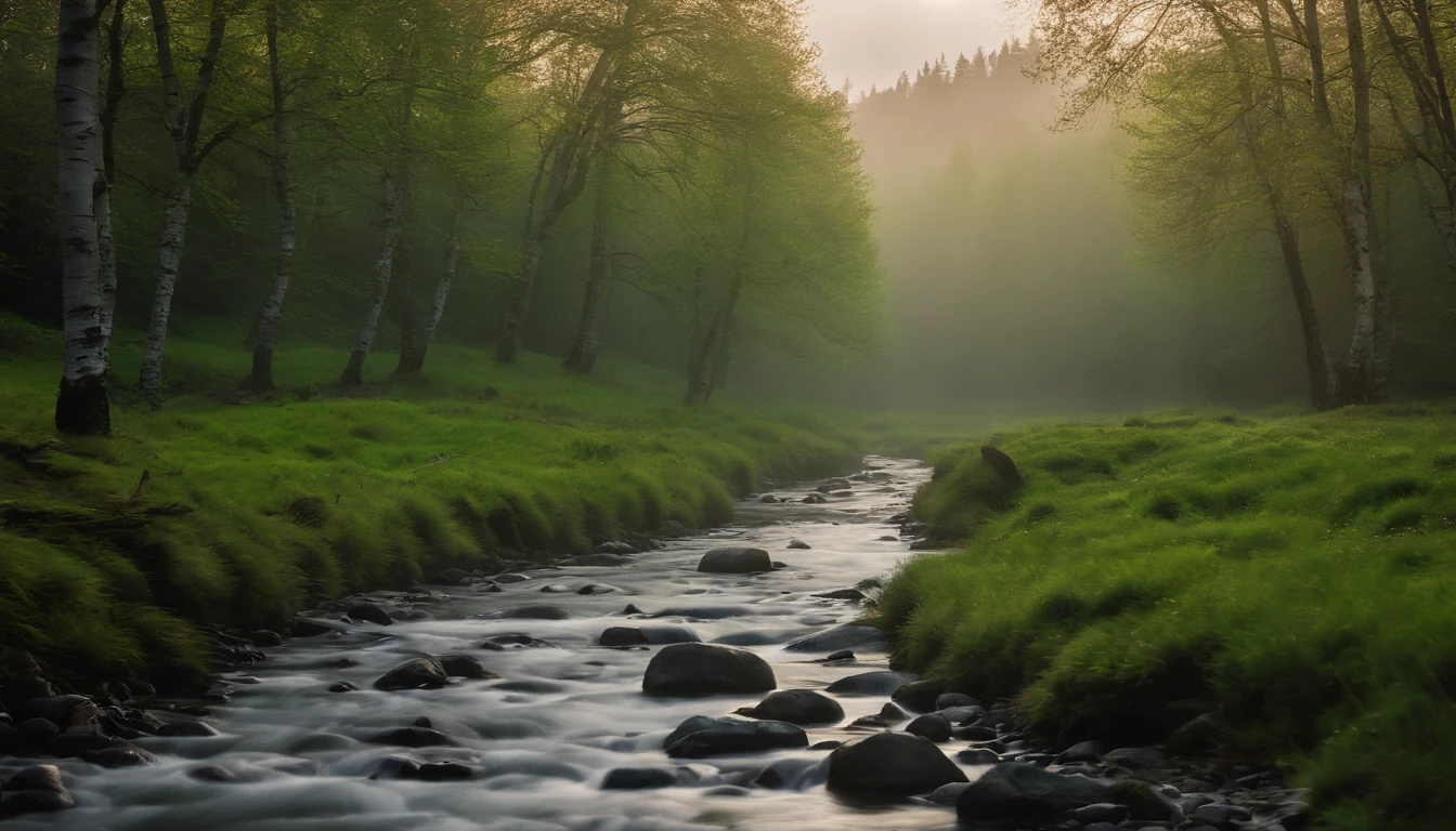 High- sharpness,Master masterpieces,Fuji,RAW photos,(fidelity:1.4),Poster effect,The base color is bright,Large area of green,Natural light, Large grasslands,There was a bit of fog,springtime,The main color is green,small stream,Three small stones by the creek,Birch forest,first person perspective