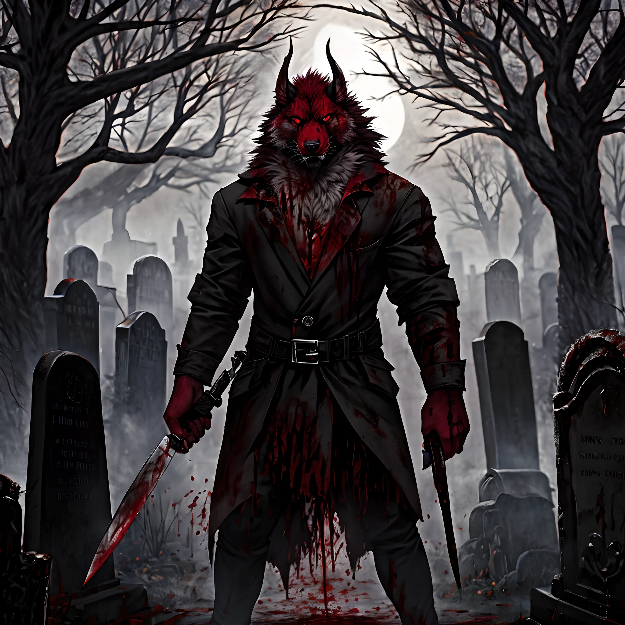 Halloween special a furry looking at the viewer Like a lot of hate in his red eyes holding a knife full of blood a detailed background of a cemetery full of blood the whole face is covered in blood full body full of blood also looks like it killed a person mega realistic 8k 60 FPS
