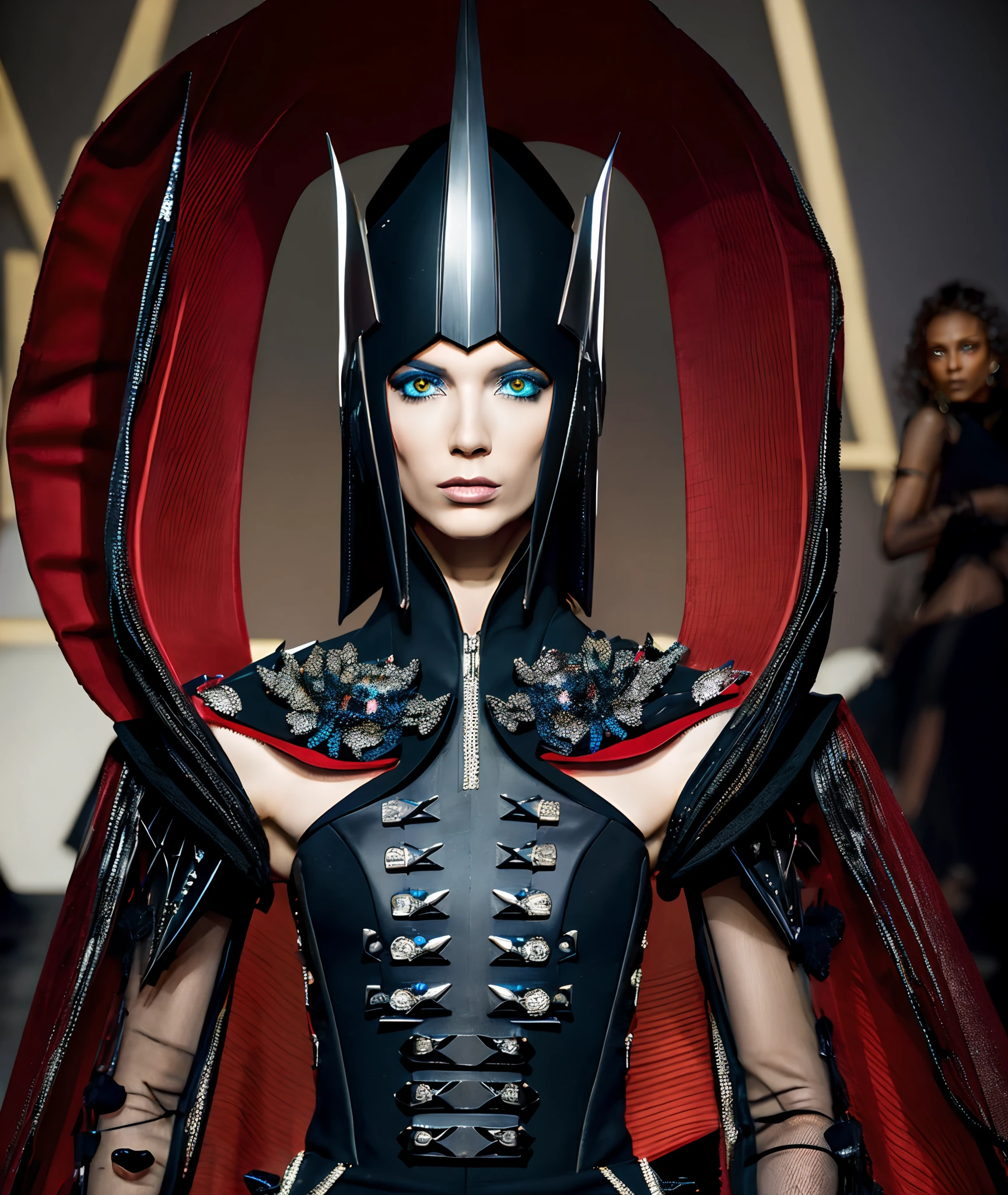 dark Fashion model lady as eerie android creature in a sleek black merge dress with accessories and futuristic armor, inspired by Anne Bachelier, Aaron Horkey, Josan Gonzalez, and Ian McQue. Crispy, detailed image with colorful, fashionable elements. Background matches the theme, with subtle hints of android nature and futuristic setting. Elaborate metallic head accessories for added contrast and style, focuses on a single lady, crowned with an even wider, highly details.perfect eyes, skin blemish, detailed skin.