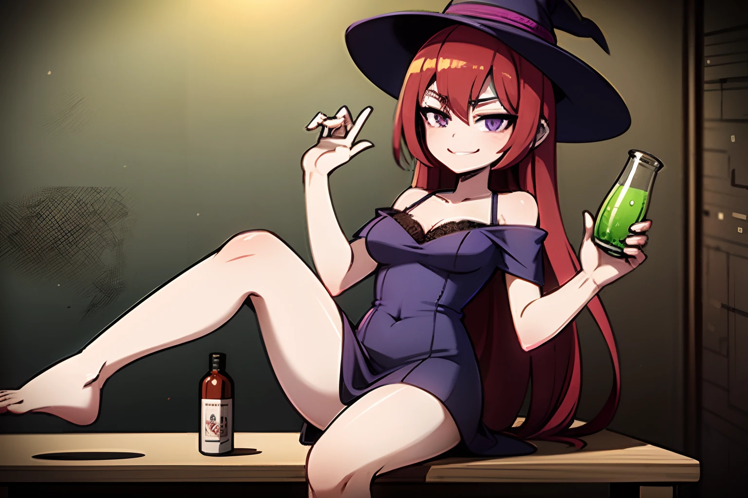 anime, girl format wallpaper, red hair, purple witch hat, purple dress, Purple eyes, purple dress, smiling, sensual face, sensual position, lascivious, on a medieval laboratory room, Medieval Laboratory, bottle with bubbling green liquid in the background, lugar escuro, 4k , best quality, master piece, wallpaper, good anatomy, high quality, cinematic filter, cinema polarizing filter