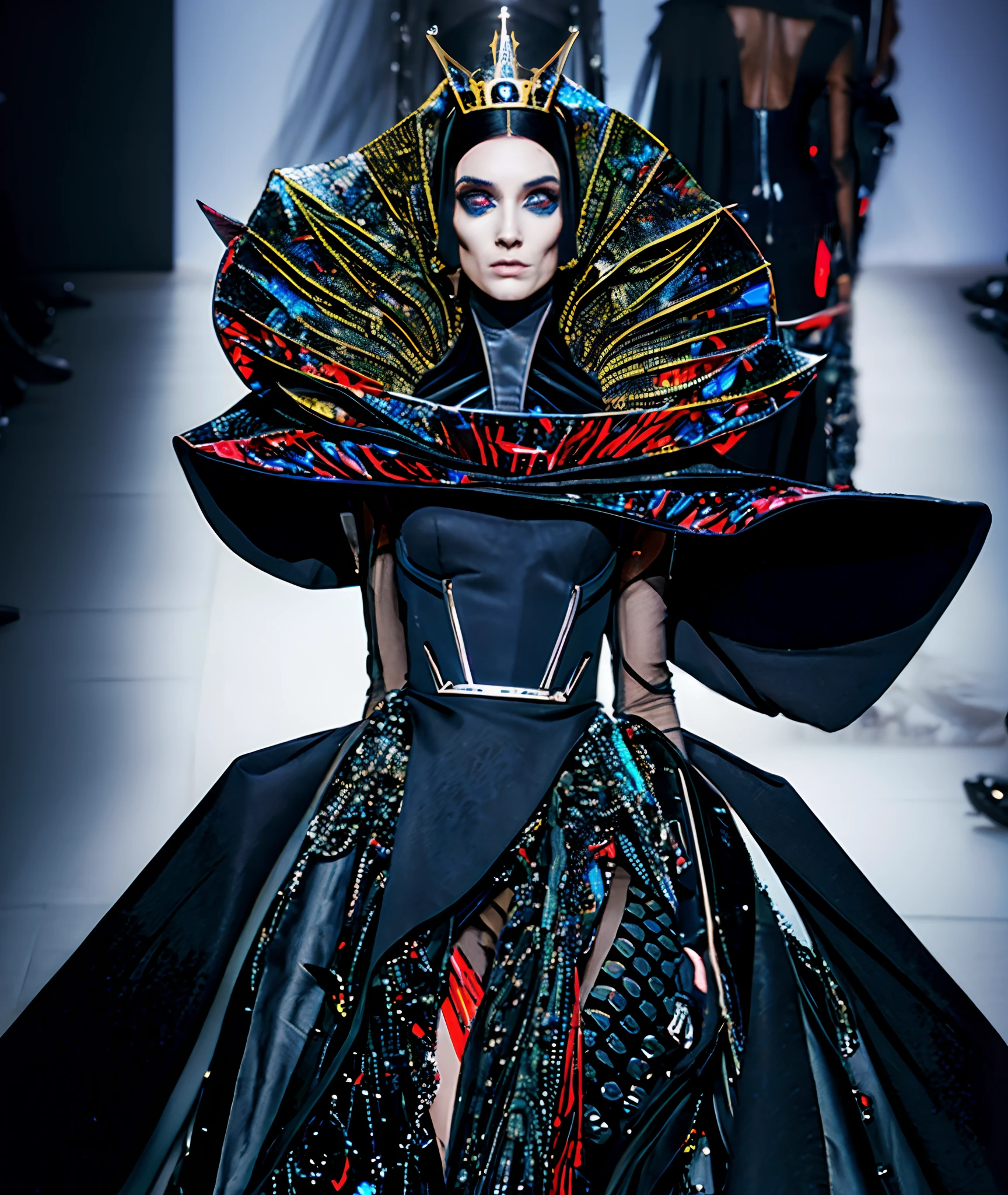 dark Fashion model lady as eerie android creature in a sleek black merge dress with accessories and futuristic armor, inspired by Anne Bachelier, Aaron Horkey, Josan Gonzalez, and Ian McQue. Crispy, detailed image with colorful, fashionable elements. Background matches the theme, with subtle hints of android nature and futuristic setting. Elaborate metallic head accessories for added contrast and style, focuses on a single lady, crowned with an even wider, highly details.perfect eyes, skin blemish, detailed skin.