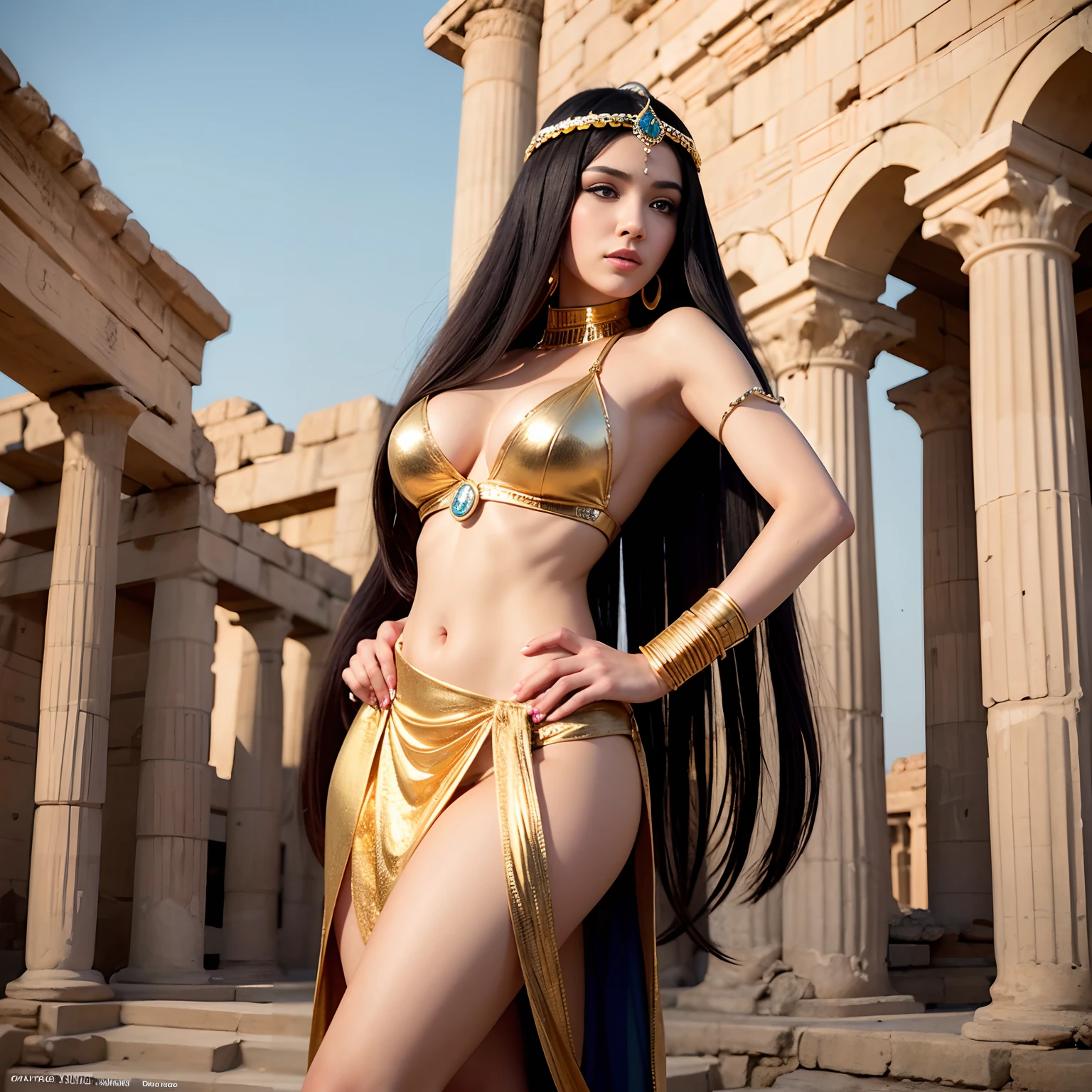 Image of a beautiful woman in a golden dress standing full body in Egyptian ruins, Egyptian, deusa bonita, beautiful cleopatra, Egyptian Princess, tiro extremamente detalhado da deusa, deusa antiga, Garota sexy, Cinematic Goddess Body Shot, figura linda, Tiro gigante impressionante da deusa, mulher linda, deusa jovem, cleopatrah, corpo e rosto bonitos e detalhados, sedutor. altamente detalhado