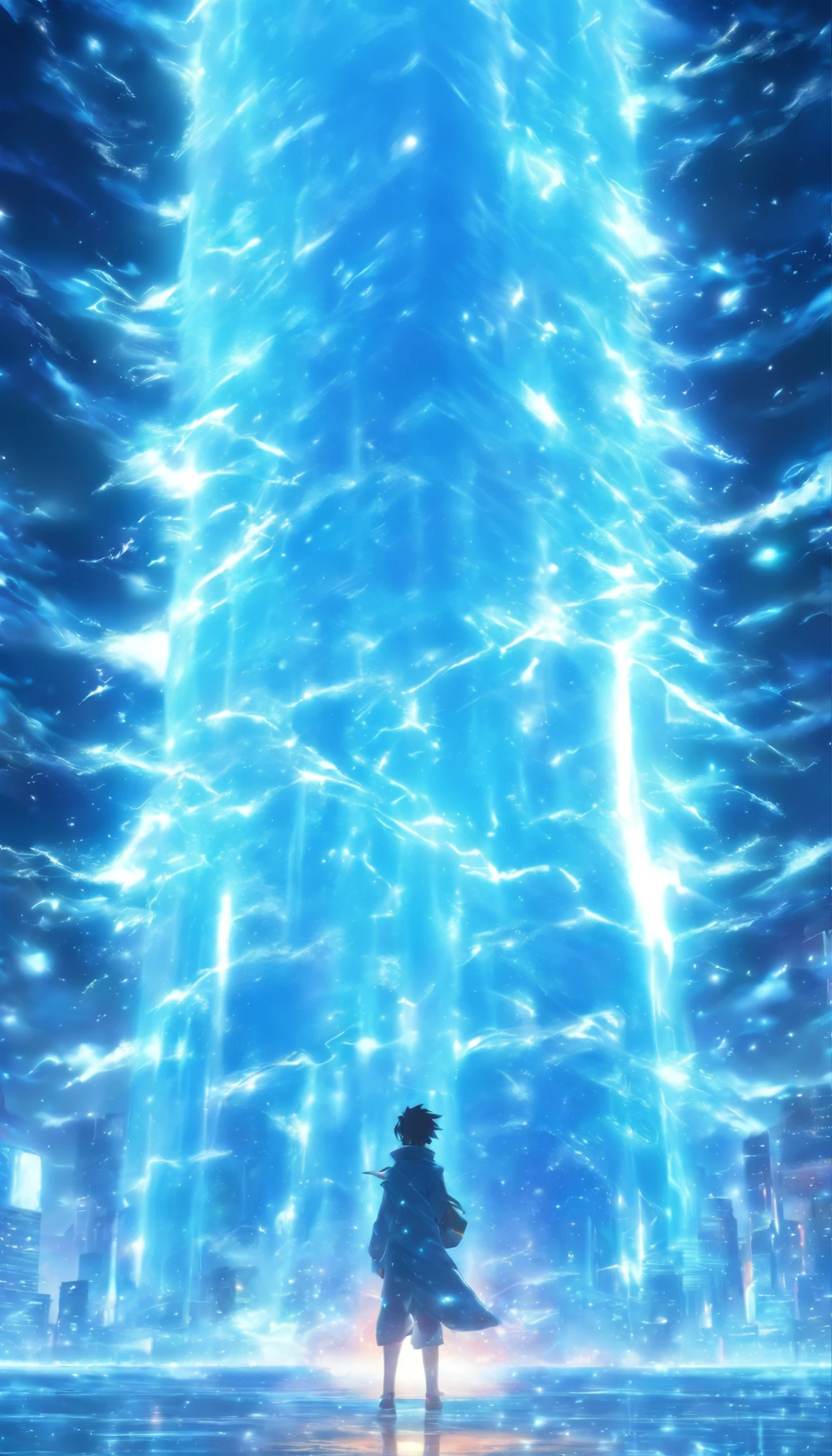 /imagine prompt: facing a massive black algorithm model with a mysterious glow and immense power, ice magic,32k, best quality, masterpiece, super detail, high details, by Makoto Shinkai ,in the style of the stars art group xing xing, --niji 5"