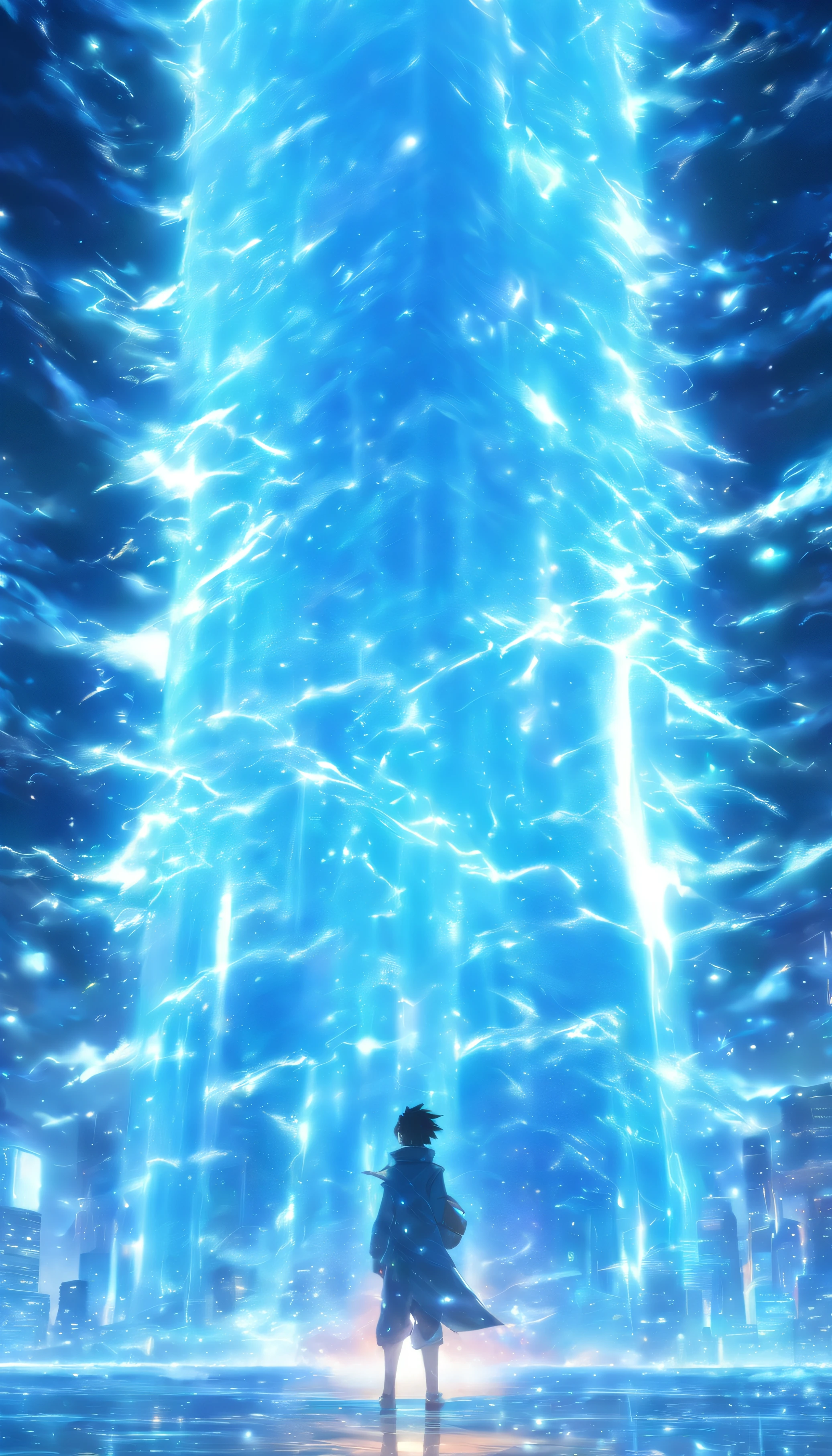 /imagine prompt: facing a massive black algorithm model with a mysterious glow and immense power, ice magic,32k, best quality, masterpiece, super detail, high details, by Makoto Shinkai ,in the style of the stars art group xing xing, --niji 5"