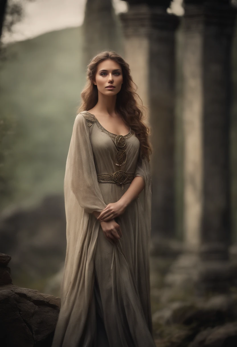 Celtic Warrior YANG, Stone Ruins, Tall and Slender, Flowing Dress with Celtic Knot Jewelry, Procreate, Watercolor Technique, Poster Design, 300 DPI, Soft Lighting, Ethereal Art, Mysterious, Serene Expression, Enchanting Atmosphere, bokeh, photo, 8k, dark, dynamic action, pale washed out style, dreamy nostalgic, soft focus, dark vignetting, light leaks, medium photography, gloomy artistic painterly ethereal, whimsical, coarse grain photo
