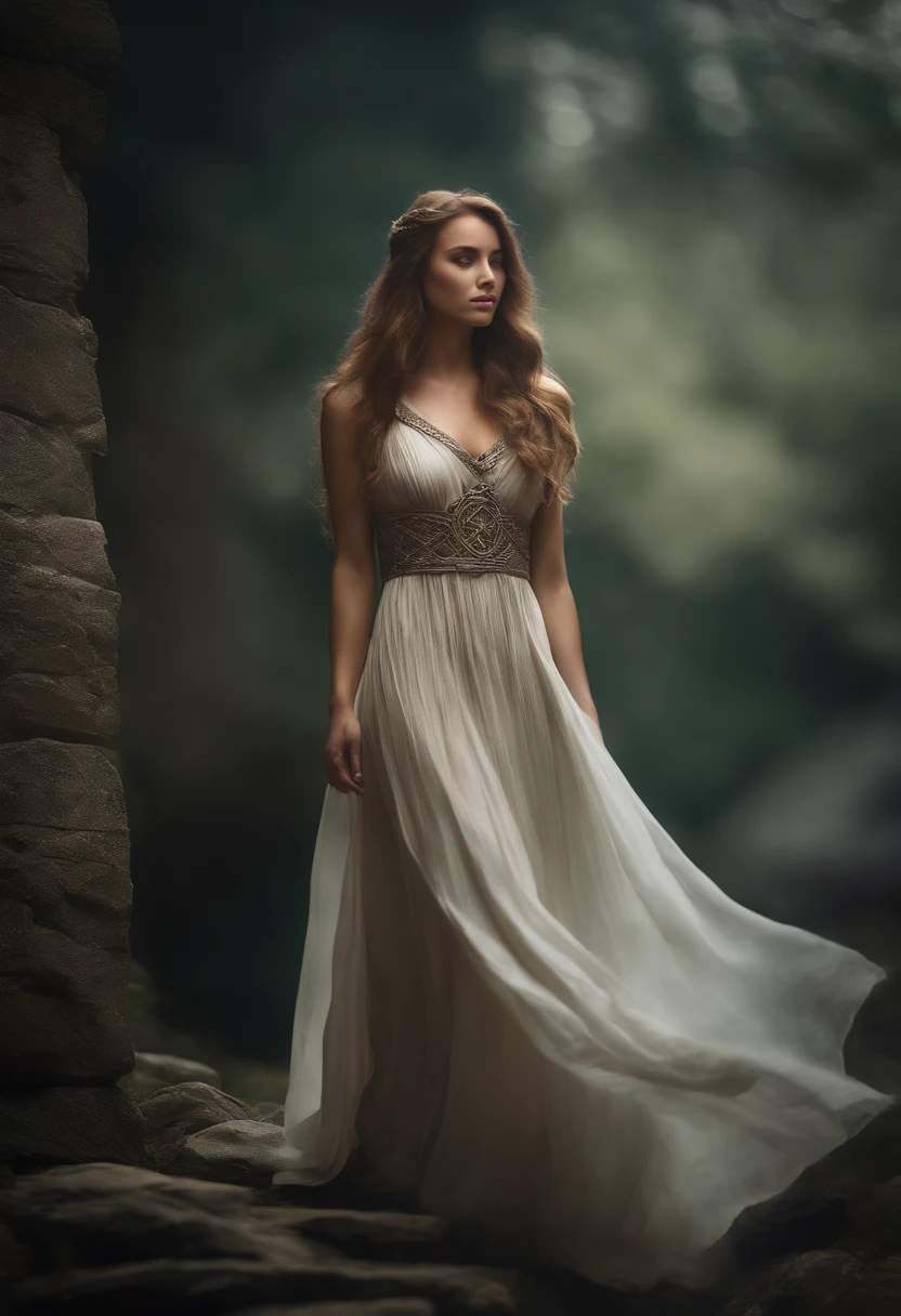 Celtic Warrior YANG, Stone Ruins, Tall and Slender, Flowing Dress with Celtic Knot Jewelry, Procreate, Watercolor Technique, Poster Design, 300 DPI, Soft Lighting, Ethereal Art, Mysterious, Serene Expression, Enchanting Atmosphere, bokeh, photo, 8k, dark, dynamic action, pale washed out style, dreamy nostalgic, soft focus, dark vignetting, light leaks, medium photography, gloomy artistic painterly ethereal, whimsical, coarse grain photo