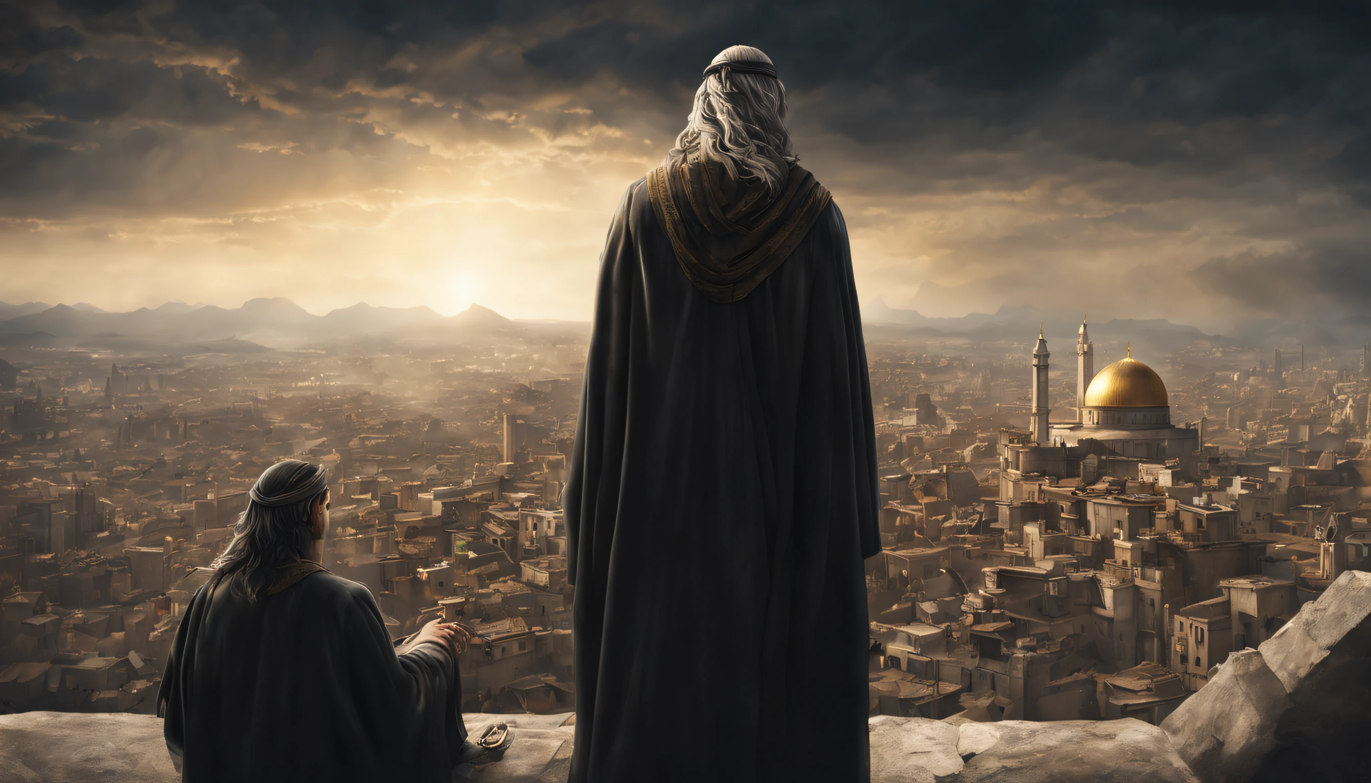 Two prophets from the Bible, current city in the background, (hyper-realistic), (Dark), (Mysterious), (very high resolution), (8k), (extremely detailed), (best illustration), (beautiful detailed eyes), (best quality), (ultra-detailed), (detailed face),