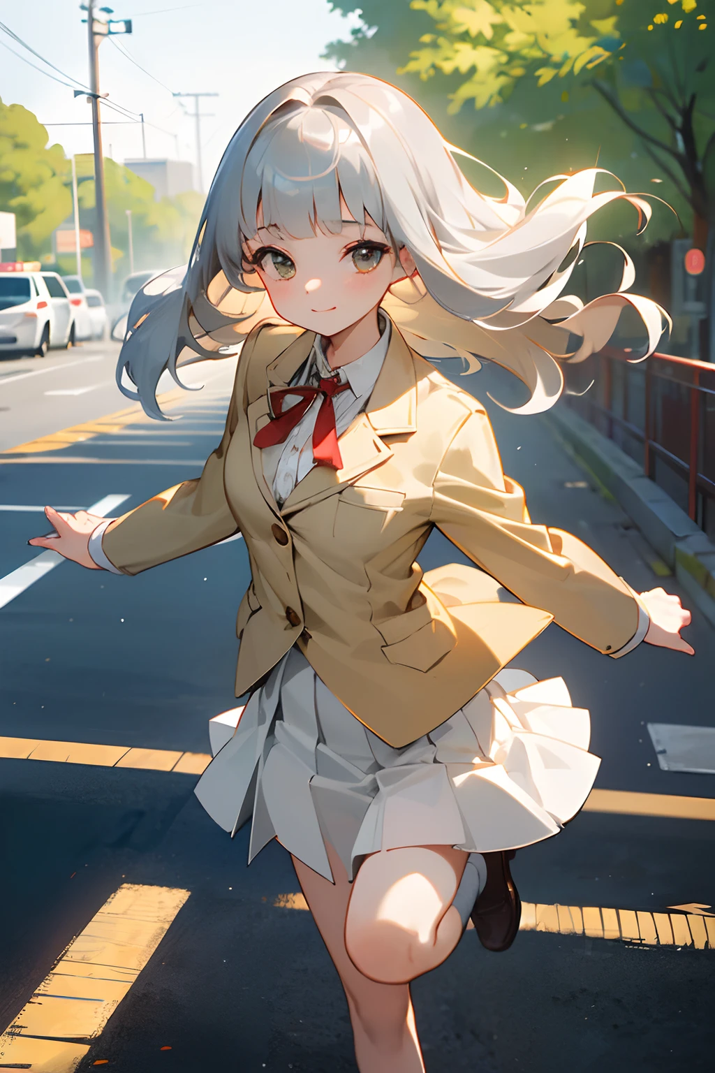 ((Masterpiece)), (Professional Photography:1.2), (High Definition:1.3), best quality, 8K, Textured skin, cinematic lighting, (1girl), short stature, ((cute teenage young girl)), (standing on one leg), on the road to summerday, (very blunt bangs, slightly loose curls hair, breasts length hair, high details of pale silver hair), innocent smile face, (cute green eyes), drooping eyes, slender waist, (pale Ivory color blazer student's uniform, white blouse), put on red string ribbon, (brown skirt)