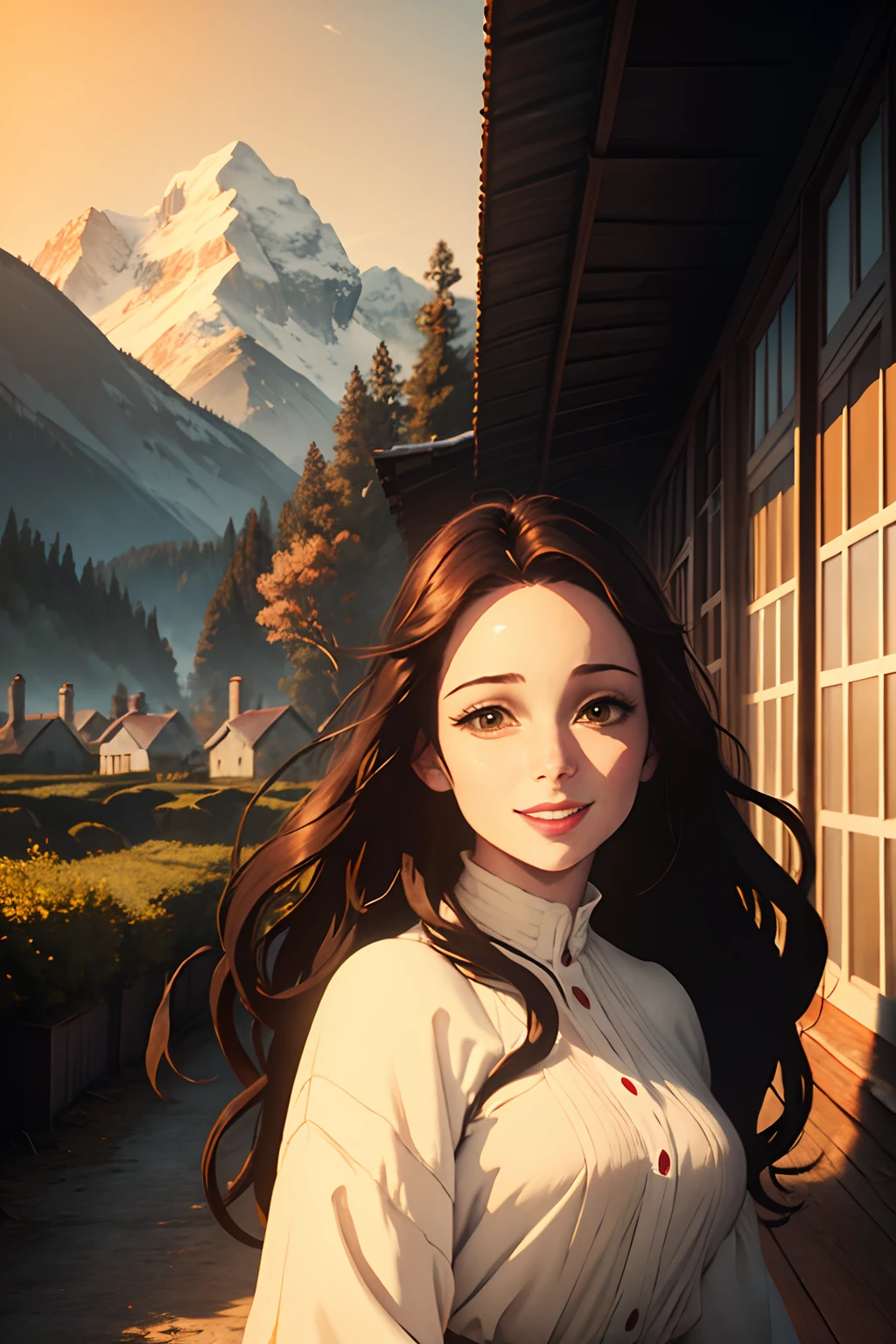 The painting style is quiet and the lights are yellow. The houses are nestled among the distant mountains, and the willows in the courtyard sway in the wind. Several layers of light red curtains add a bit of mystery to the deep backdrop, the woman is alone, her long hair is spread out at will, and his figure is approaching, com um leve sorriso.