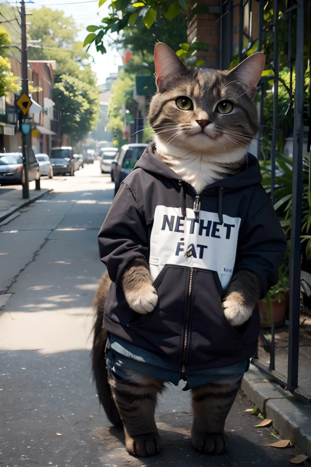 Um gato, bicho, segurando um sinal com as patas