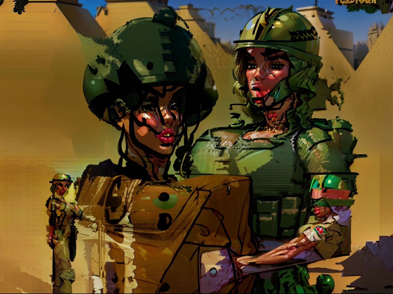 1 man, (male soldier:1.4), (sexy ((female soldier1.6)))((green combat helmet helmet:1.5)) wearing ((khaki cargo pants:1.4))(perfect face), detailed face, (symmetrical eyes), perfect nose, ((open cargo vest:1.3)), wearing ((no bra on:1.4)) that barely covers the , (gigantic breasts:1.4) ((blonde hair)) analog style posing against a military tank, (backlit)1.2, (film grain)1.2, cinematic movie still frame, (large lips, bimbo style, perfect eyebrows)((thepit style:1.4))