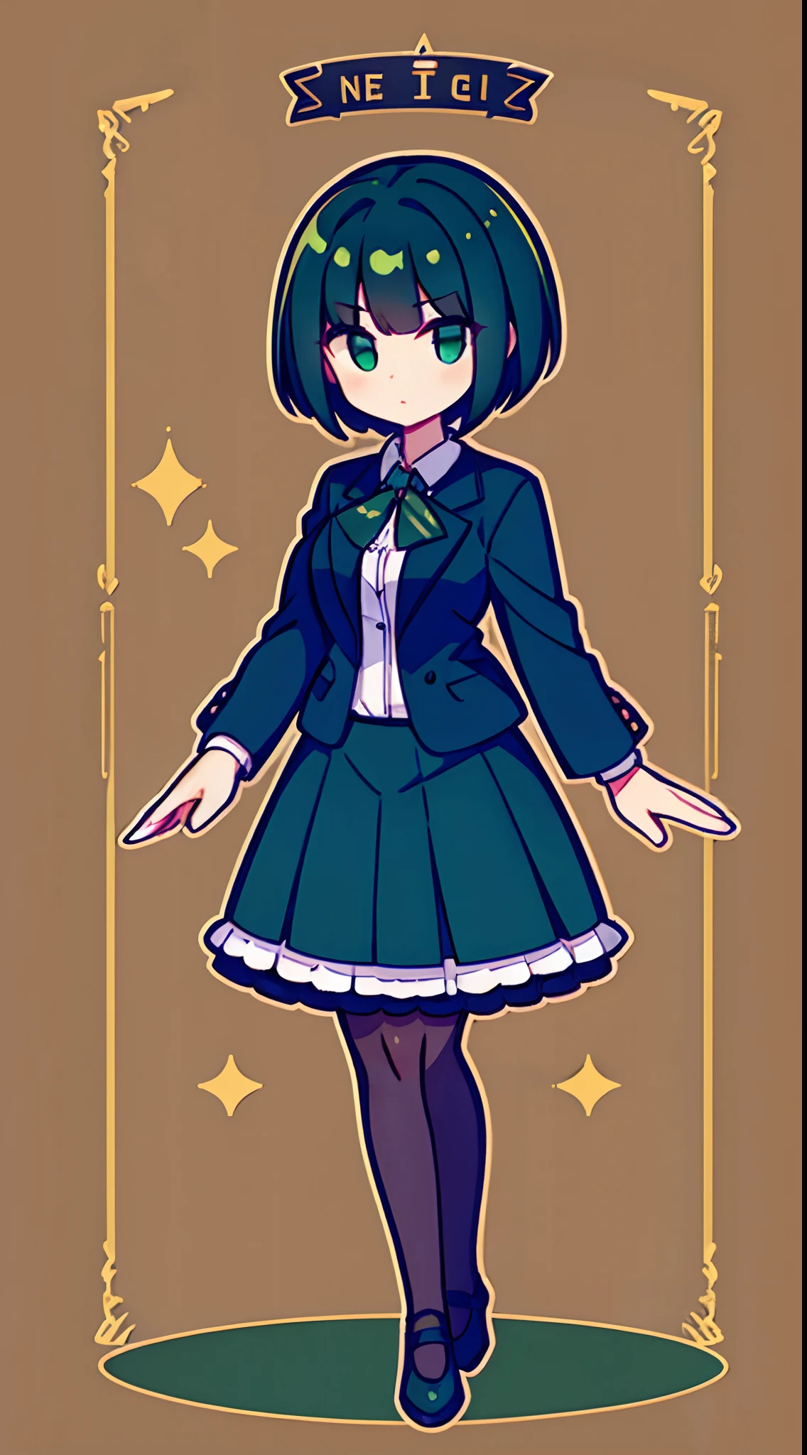 A full body girl，Short green and black hair，Wear skirts and formal attire，Count your knees and tap your fingers