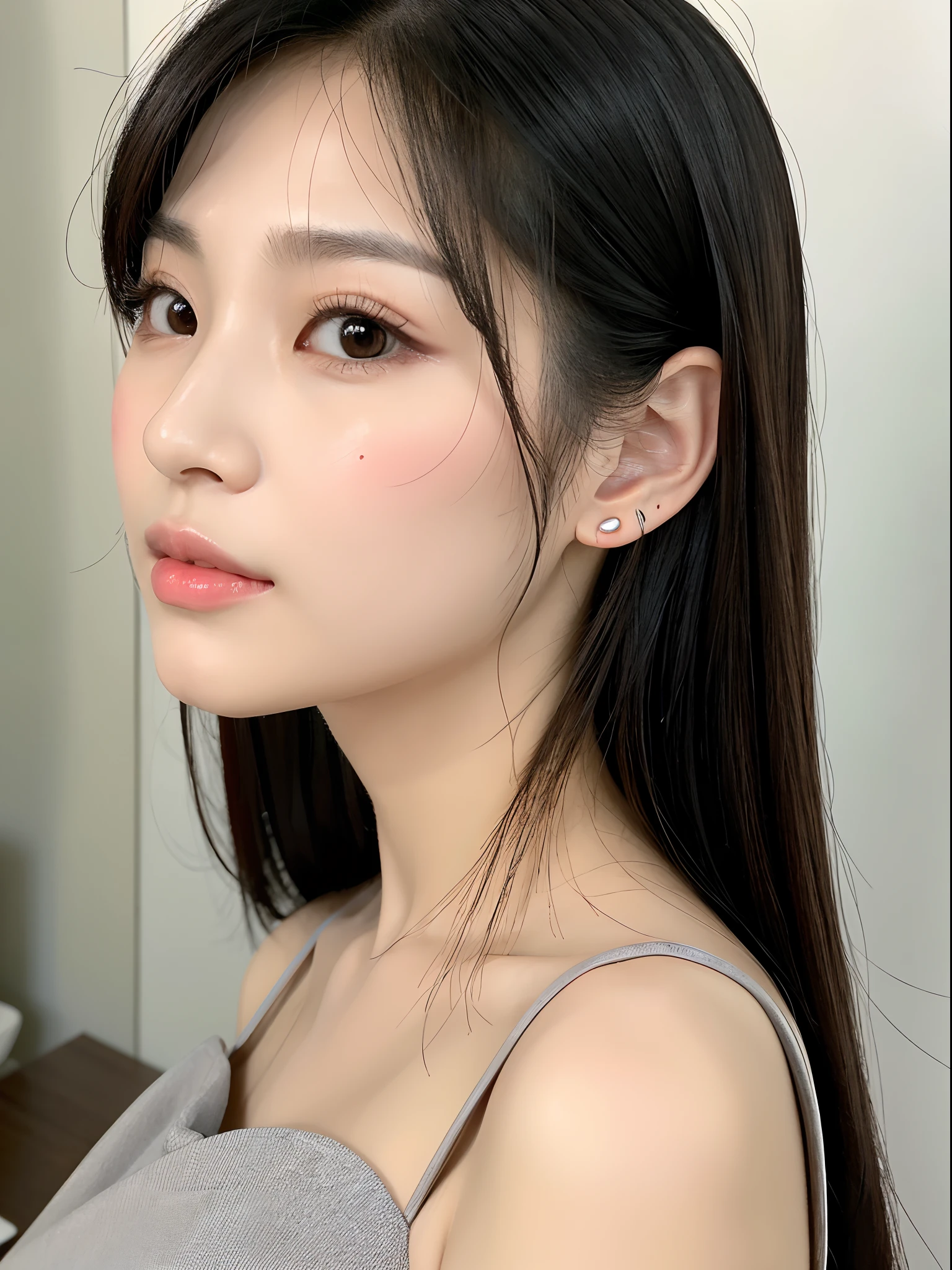Asian Korean, button nose, heart shaped lips, , big doe eyes, Sharp unique facial features, shaped jawline, long black hair, highly detailed, ultra realistic, one girl, mini dress