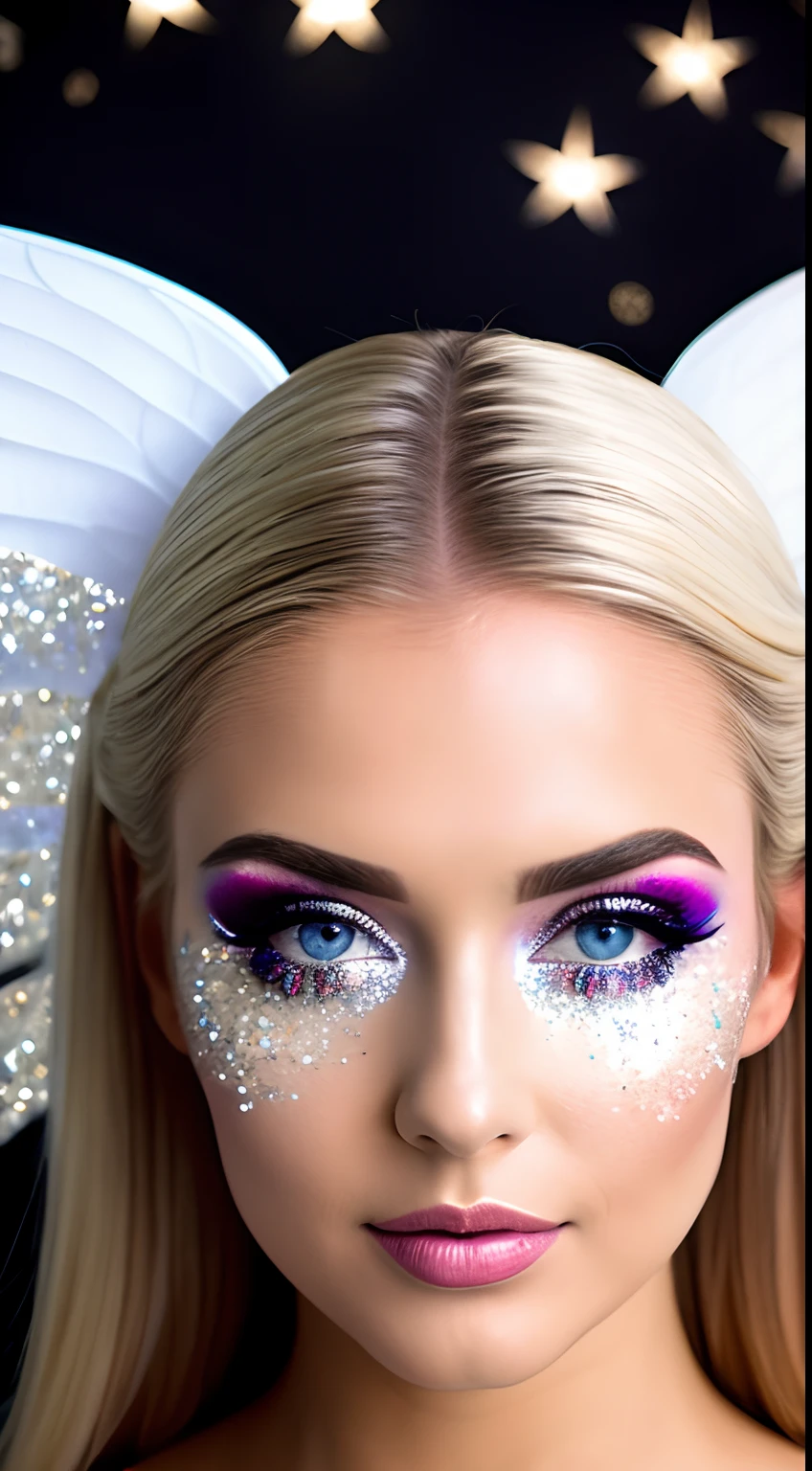 Blonde woman with white wings and sequins on her face, Girl covered in crystals and glitter, Beautiful caucasian angel girl, fairy look, Intricate patterned makeup