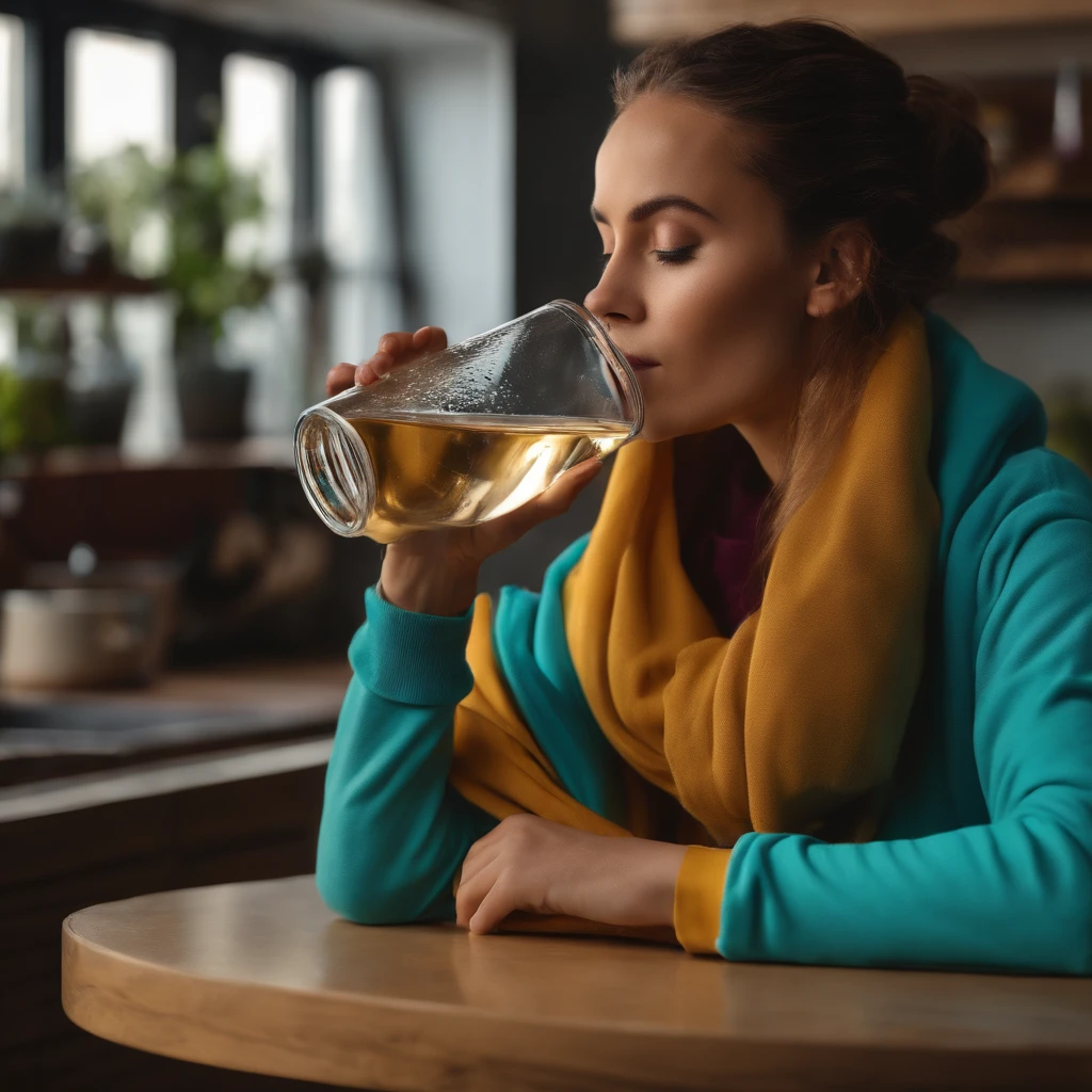 ((Menina loira de cabelos amarelos 4K))(( Half body photo drinking water)) wearing a purple jacket with turquoise blue underneath as sweatshirt exercise clothing)) A glass of water Kitchen scenery