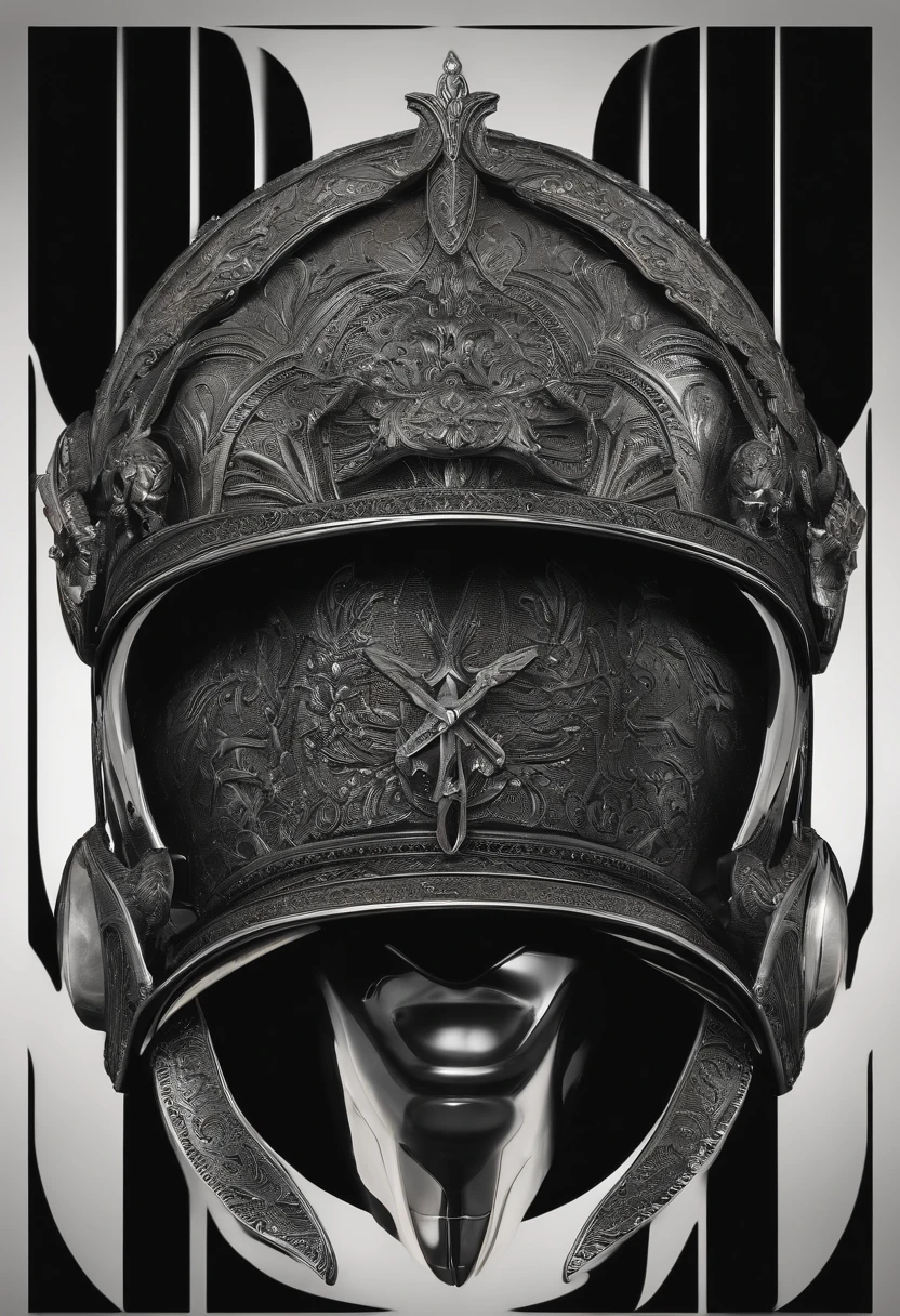 Imagine a typographic logo on a gerrero's helmet with a black background and a silver design