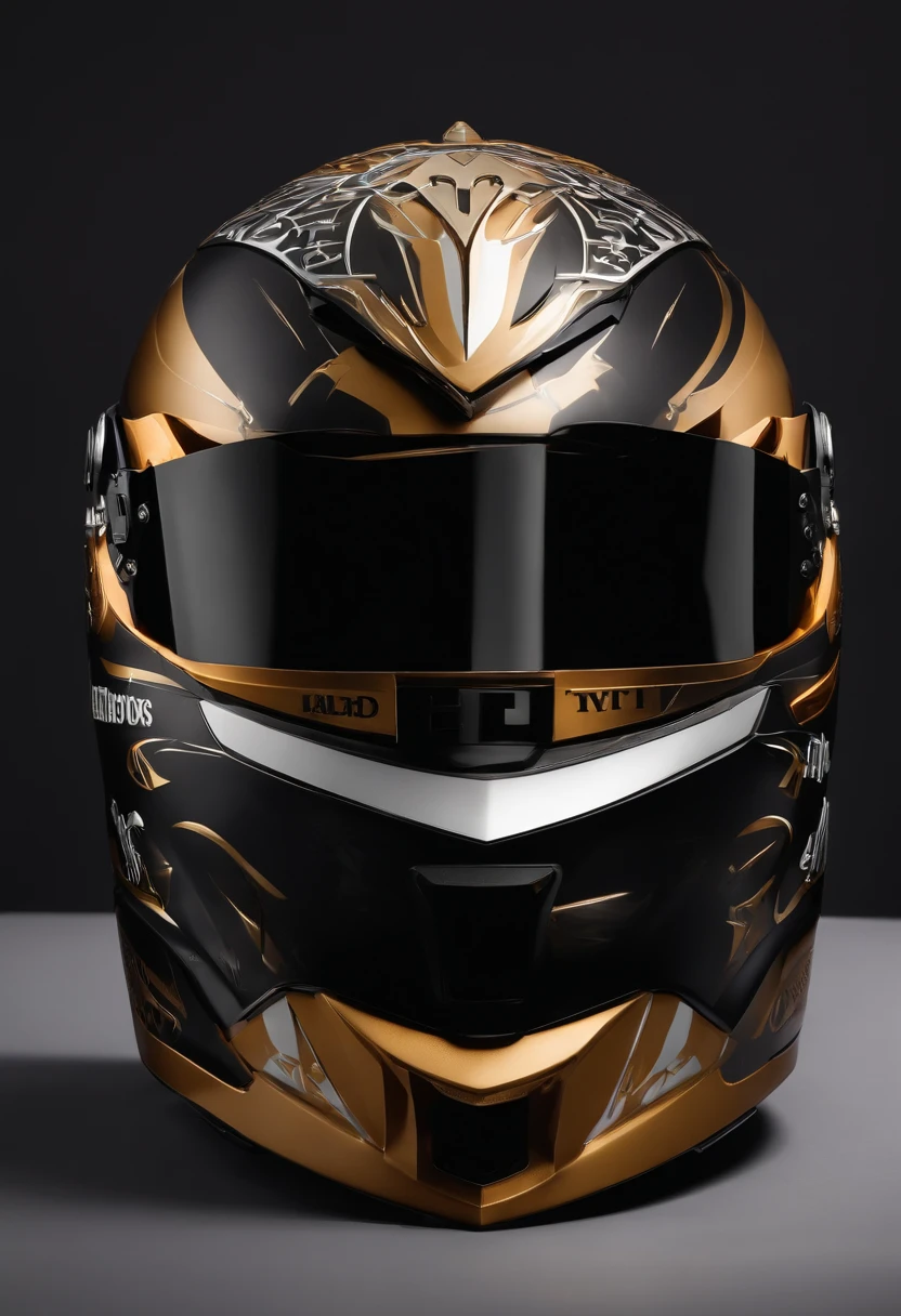 Imagine a typographic logo on a gerrero's helmet with a black background and a silver design