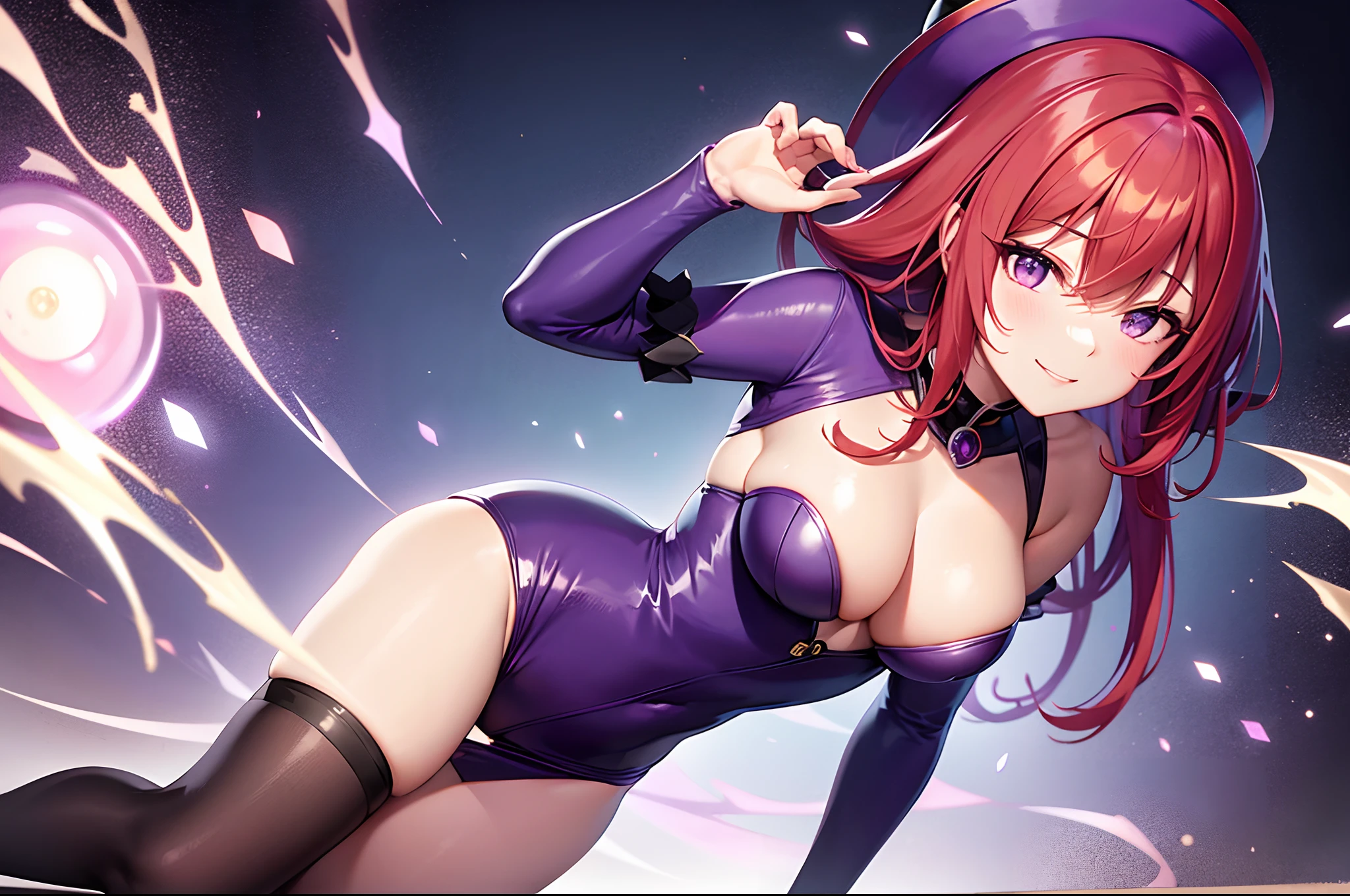 anime, girl format wallpaper, red hair, purple witch hat, purple dress, Purple eyes, purple dress, smiling, sensual face, sensual position, lascivious, on a medieval laboratory room, Medieval Laboratory, becker with bubbling  green liquid in the background, lugar escuro, 4k , best quality, master piece, wallpaper, good anatomy, high quality, cinematic filter, cinema polarizing filter