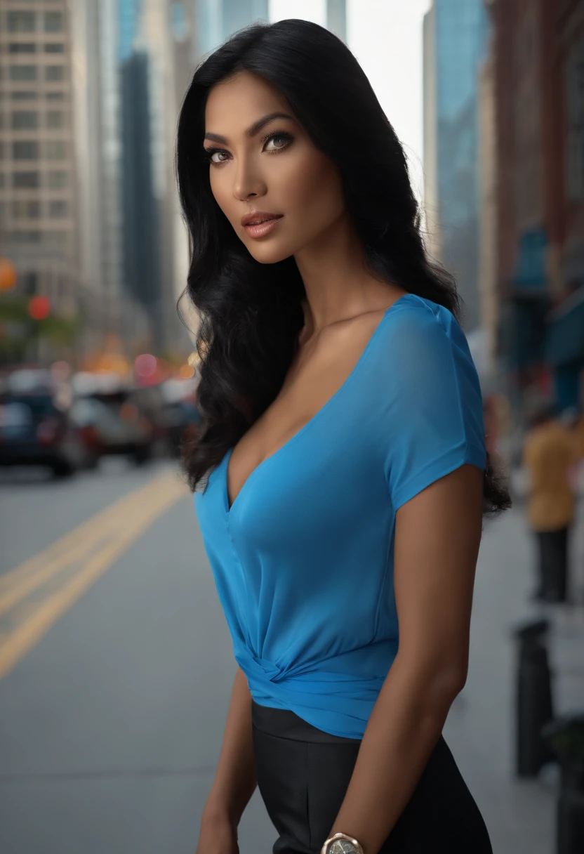 Blue eyes, Masterpiece, Best Quality, 8K, Photographic Reality, Realistic, Octane Rendering, Bustling Urban Streets of CHicago (1 Woman: 1.4), (Only One Woman on the Screen: 1.3), (Blue Shirt), (Long Black Hair), (Hip Wrapped Skirt), (Blue Eyes) Upper Body Display (Asian-American) (Fit, Athletic, Tall)(Small Breasts)