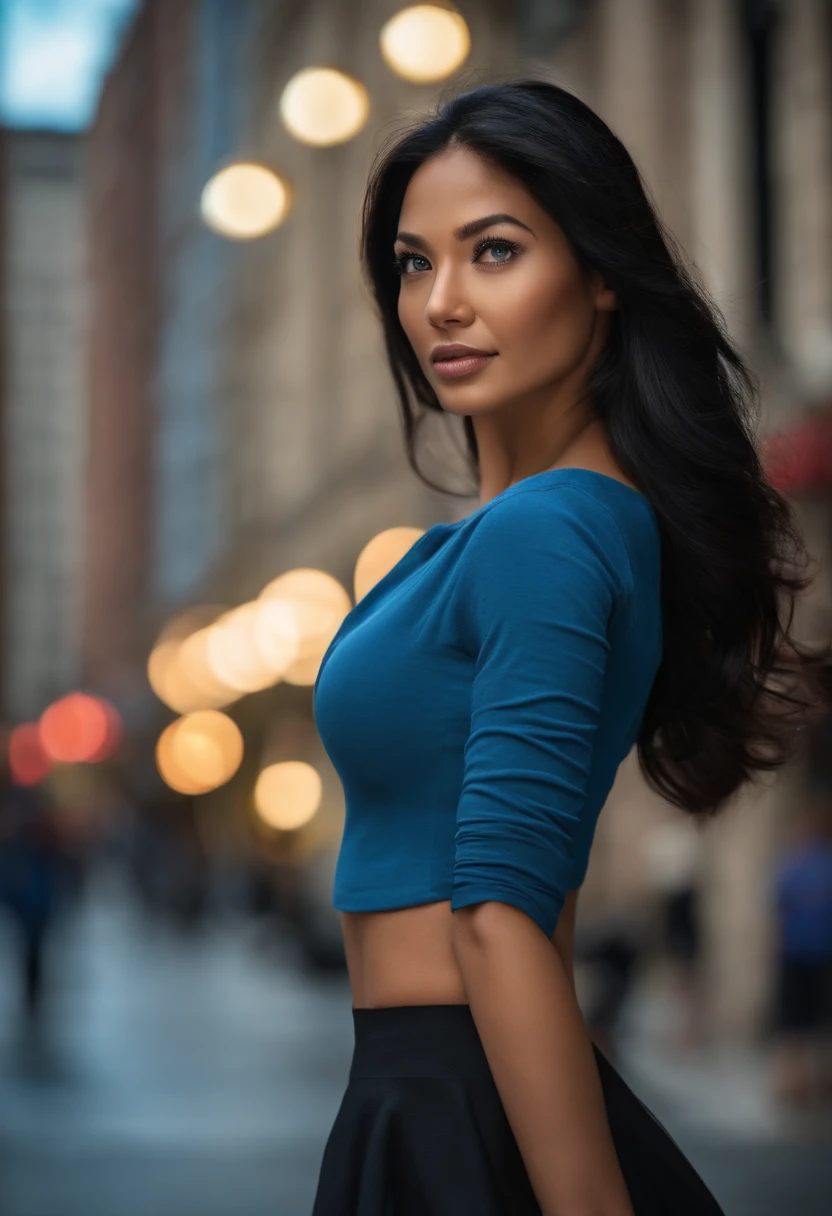 Blue eyes, Masterpiece, Best Quality, 8K, Photographic Reality, Realistic, Octane Rendering, Bustling Urban Streets of CHicago (1 Woman: 1.4), (Only One Woman on the Screen: 1.3), (Blue Shirt), (Long Black Hair), (Hip Wrapped Skirt), (Blue Eyes) Upper Body Display (Asian-American) (Fit, Athletic, Tall)(Small Breasts)