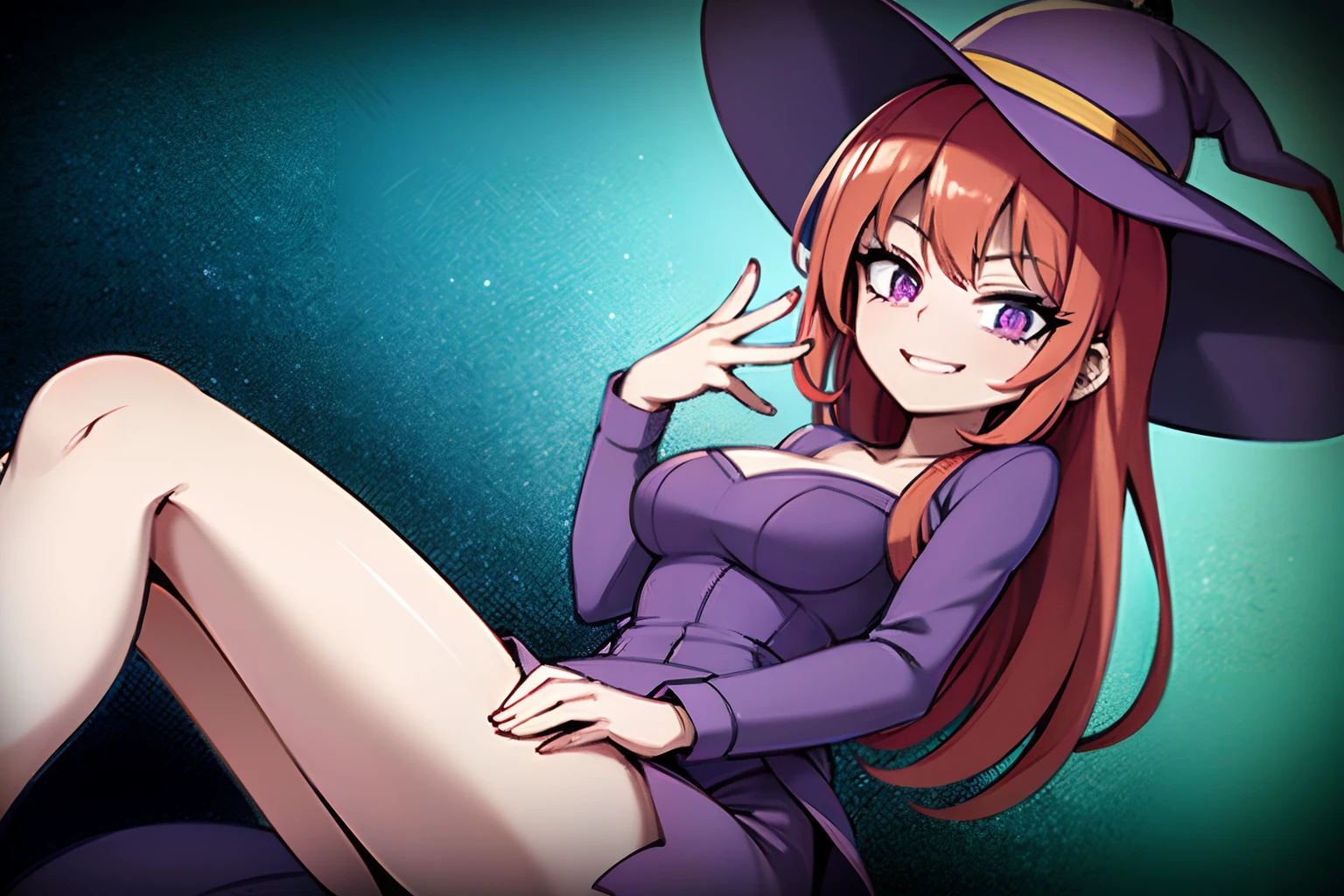 anime, girl format wallpaper, red hair, purple witch hat, purple dress, Purple eyes, purple dress, smiling, sensual face, sensual position, lascivious, on a medieval laboratory room, Medieval Laboratory, becker with bubbling  green liquid in the background, lugar escuro, 4k , best quality, master piece, wallpaper, good anatomy, high quality, cinematic filter, cinema polarizing filter