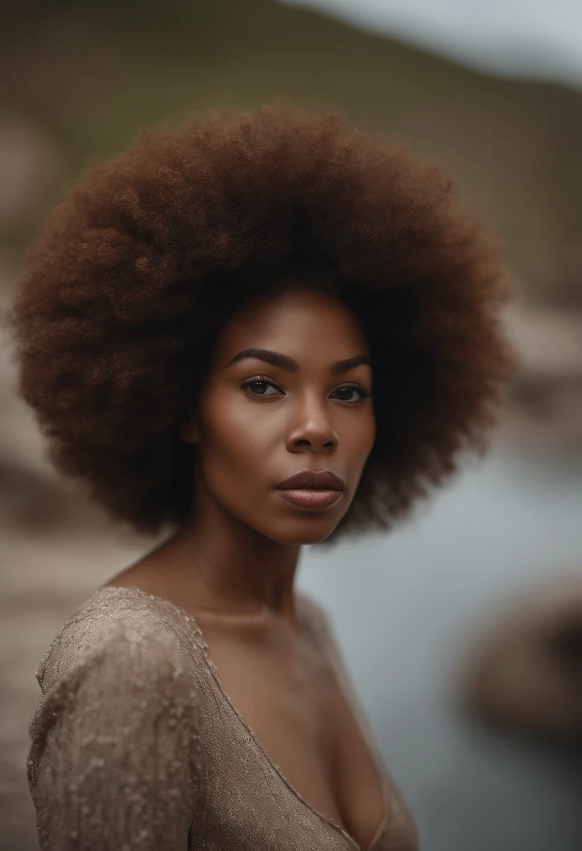 Destini with a very large afro hair posing for a picture, a digital rendering by Juan O'Gorman, shutterstock contest winner, afrofuturism, afro, afro hair, with textured hair and skin, with afro, light-brown skin, brown skin. light makeup, mixed-race woman, brown skin, diffused natural skin glow, brown skinned, make her look real and very beautiful