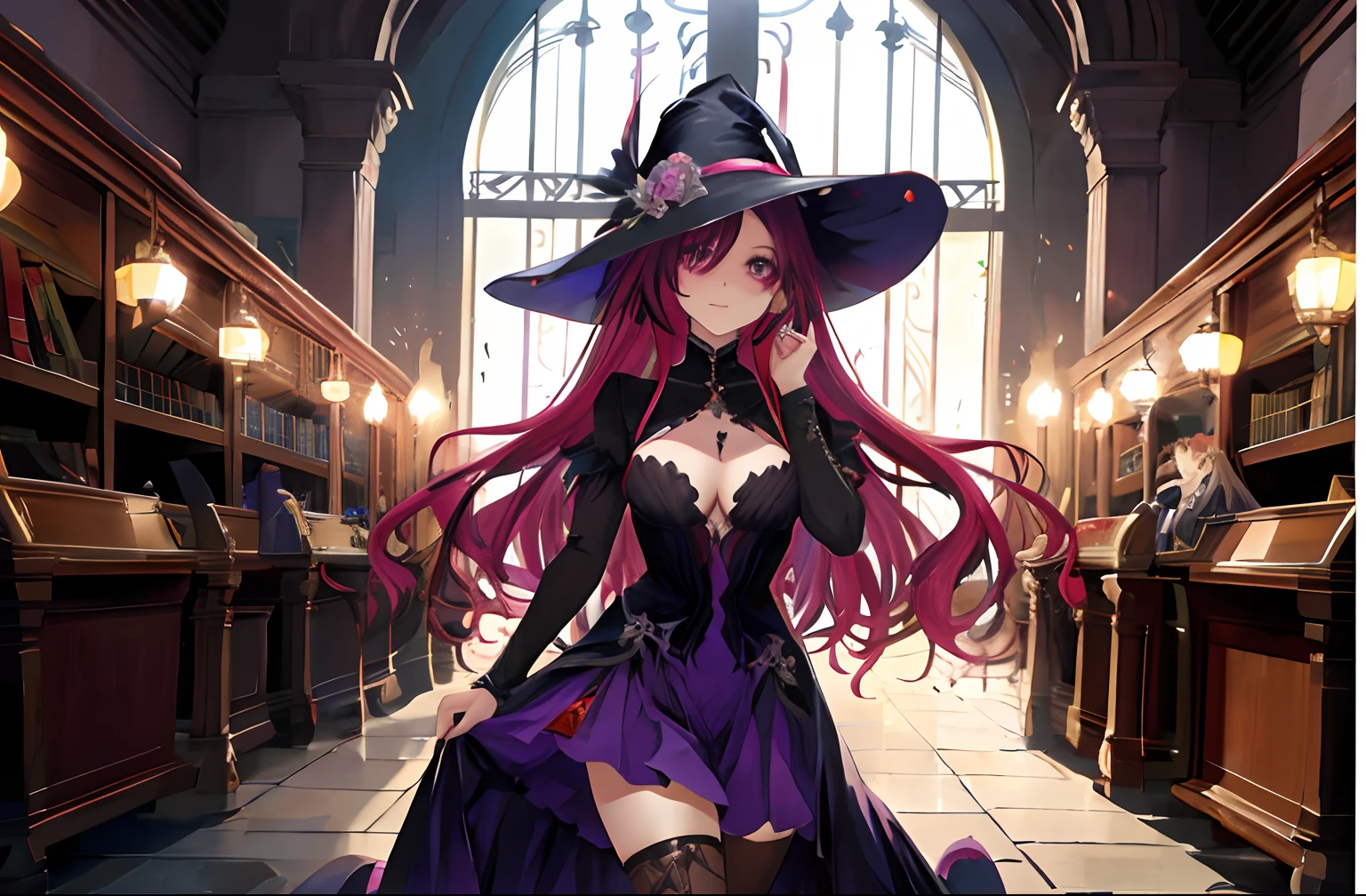 Anime - imagem de estilo de uma mulher em um traje de bruxa em uma biblioteca, magia de elenco de bruxa de anime de paquera, feiticeira bonita, feiticeira bonita, uma bela feiticeira, bruxa, bruxa escura da moda, Retrato de uma feiticeira, personagem bruxa escura, feiticeira, classical witch, mago bonito, Roupas de bruxa astral, bruxa brilhante