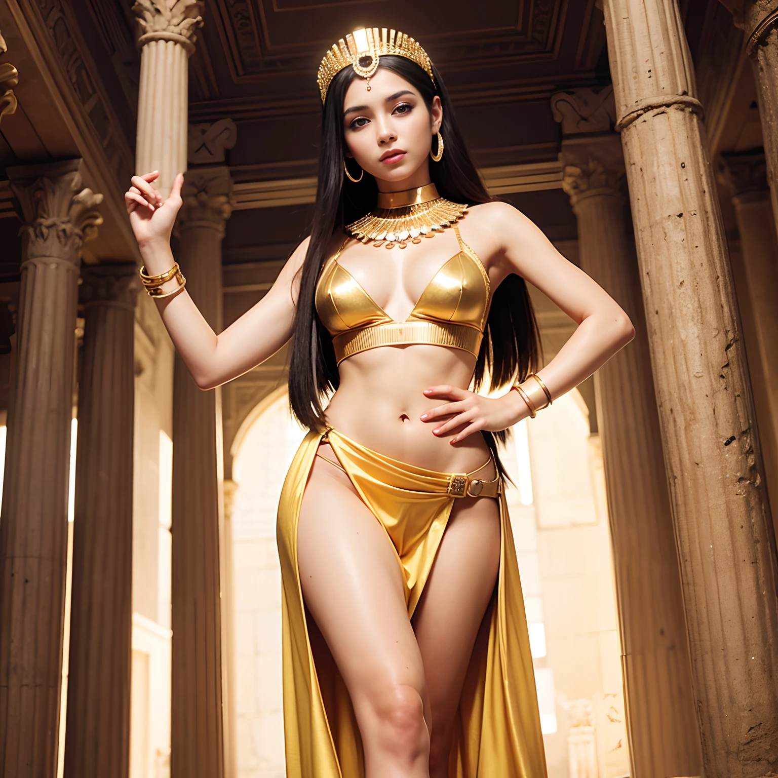 Image of a beautiful woman in a full-length golden dress in Egyptian ruins, Egyptian, 1 pessoa, sozinho, super sensual, deusa bonita, beautiful cleopatra, Egyptian Princess, tiro extremamente detalhado da deusa, deusa antiga, Garota sexy, Cinematic Goddess Body Shot, figura linda, Tiro gigante impressionante da deusa, mulher linda, deusa jovem, cleopatrah, corpo e rosto bonitos e detalhados, sedutor. altamente detalhado, 8k, .RAW, riqueza de detalhes, RGB