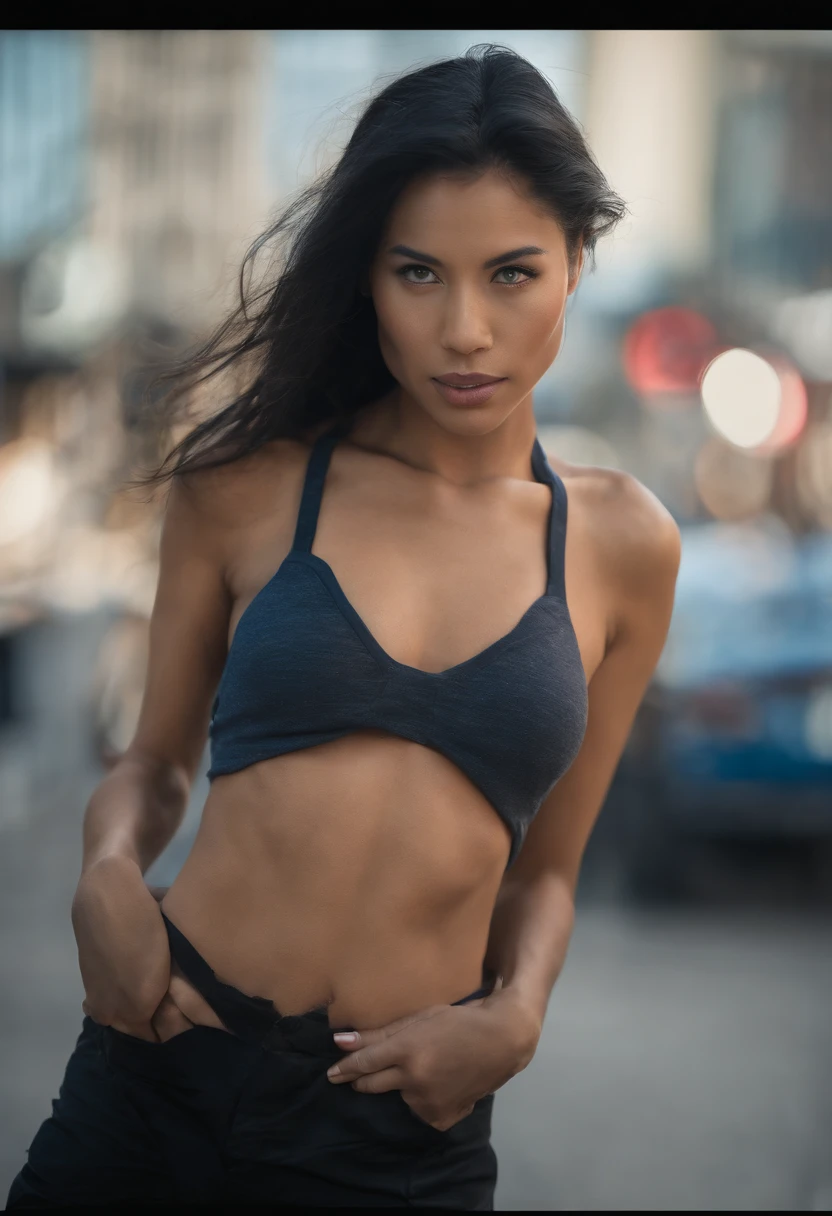 Blue eyes, Masterpiece, Best Quality, 8K, Photographic Reality, Realistic, Octane Rendering, Bustling Urban Streets of CHicago (1 Woman: 1.4), (Only One Woman on the Screen: 1.3), (Blue Shirt), (Long Black Hair), (Hip Wrapped Skirt), (Blue Eyes) Upper Body Display (Asian-American) (Fit, Athletic, Tall)(Small Breasts)
