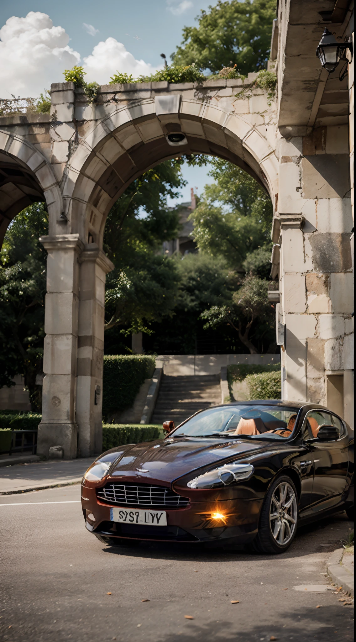 Aston martin db9 ligado, farois acesos, vermelho detalhado, paisagem de liverpool com arvores, e clima chuvoso visto de canto