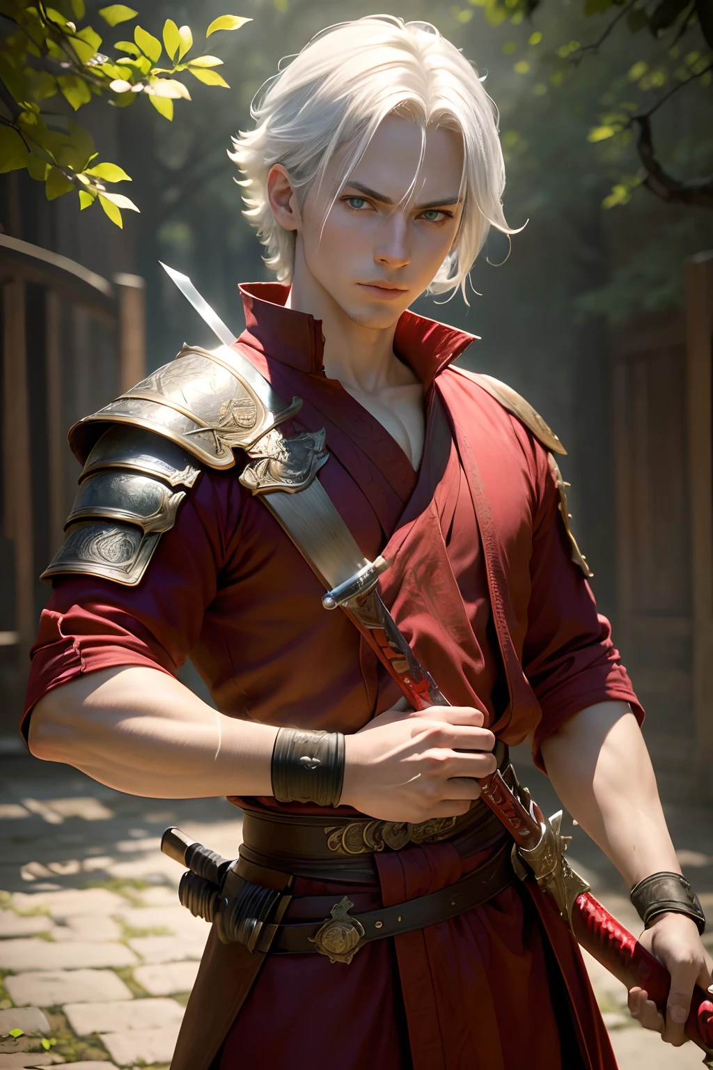 (best quality,4k,8k,highres,masterpiece:1.2),ultra-detailed,(realistic,photorealistic,photo-realistic:1.37),Red Sword,young boy with white hair,Green eyes,holding red katana,anime,sharp focus,vivid colors,bokeh,light illuminating the sword