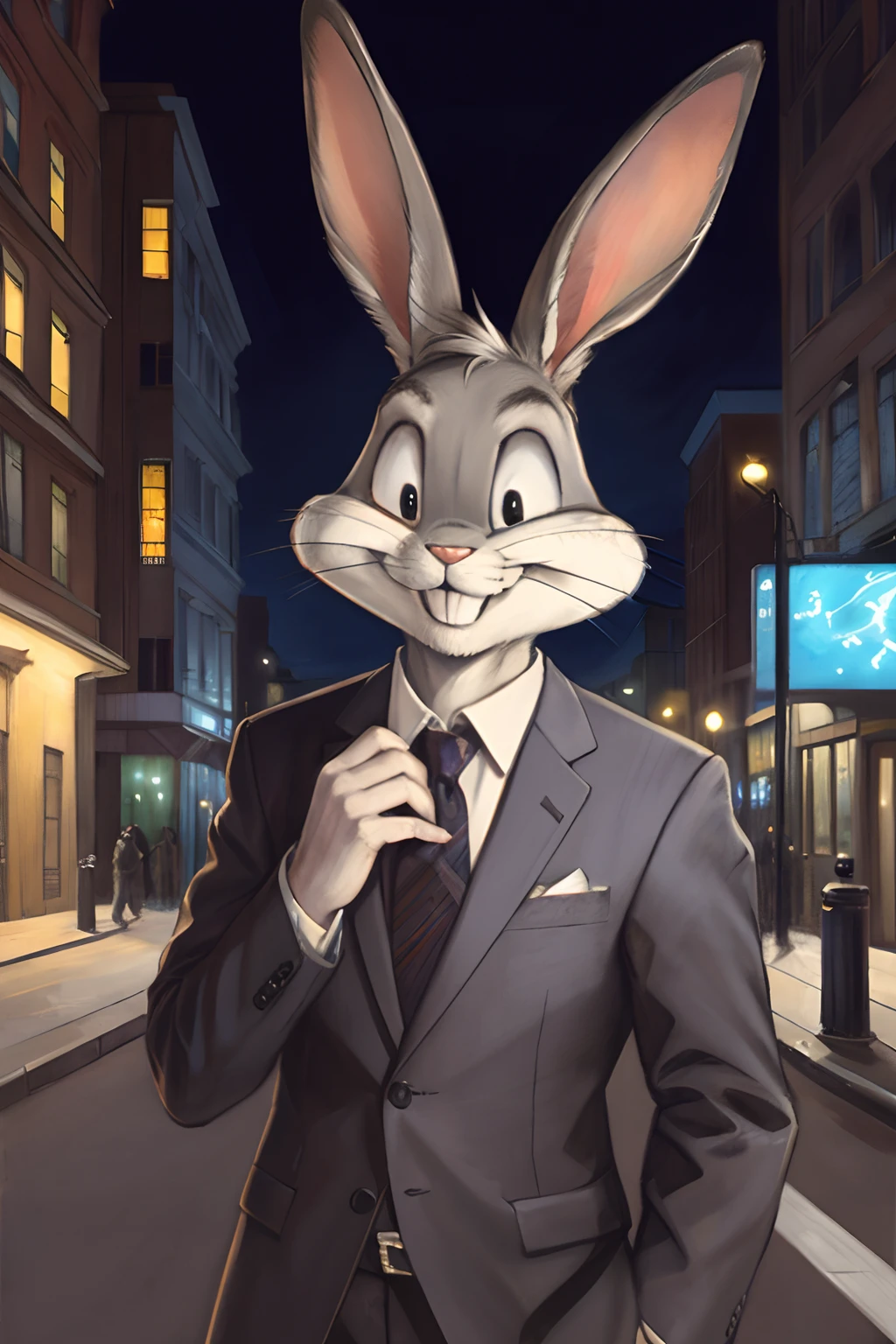 (by rukis, by blotch, by personalami, by honovy, by zackary911), male, solo, bugs bunny, rabbit, buckteeth, wearing suit, necktie, bottomwear, street, night, long ears, grey body, grey fur, white fur,furry,anime style, anime screencap, 2000s_\(style\), grin