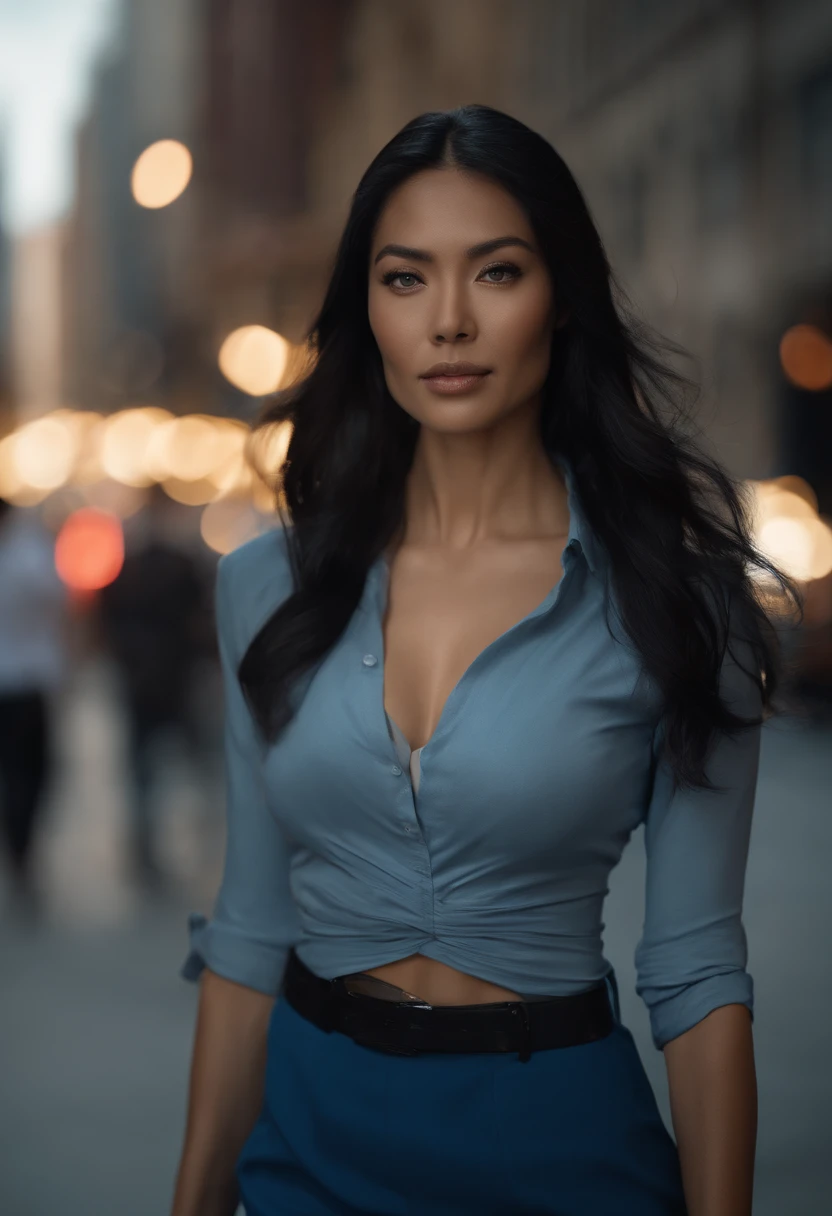 Blue eyes, Masterpiece, Best Quality, 8K, Photographic Reality, Realistic, Octane Rendering, Bustling Urban Streets of CHicago (1 Woman: 1.4), (Only One Woman on the Screen: 1.3), (Blue Shirt), (Long Black Hair), (Hip Wrapped Skirt), (Blue Eyes) Upper Body Display (Asian-American) (Fit, Athletic, Tall)(Small Breasts)