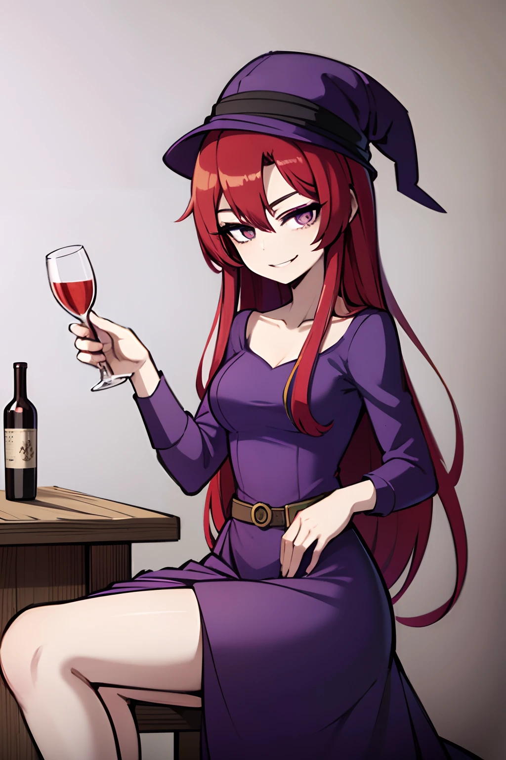 anime, young woman, red hair, purple witch hat, purple dress, purple eyes, purple dress, smiling, sensual face, sensual position, lewd, in alchemy room, medieval laboratory, flask with bubbly red liquid in background, 4k, best quality, masterpiece, wallpaper, good anathomy, high quality, cinematic filter, cinema polarizing filter