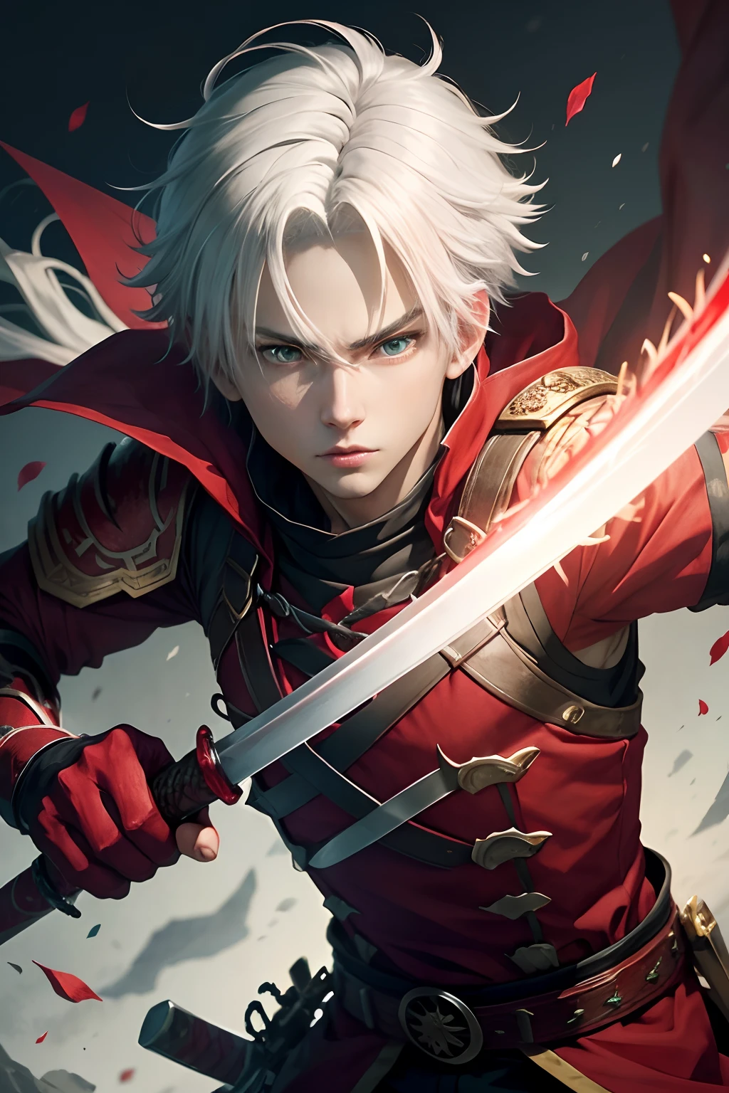 (red sword,anime style) young boy with white hair,green eyes,holding a red katana, vibrant colors, intense lighting