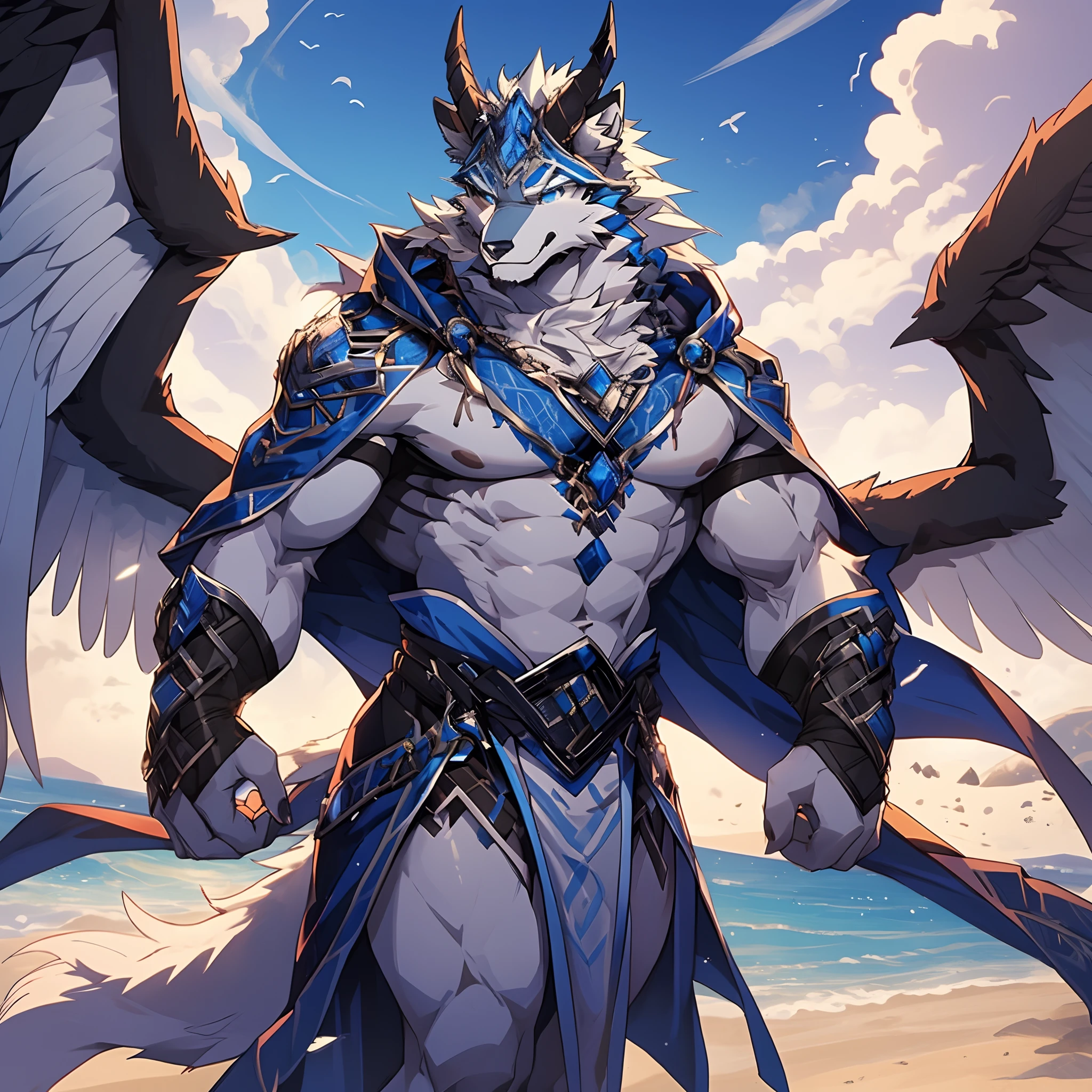 Ultra-clear white wolf，Half-body diagram，solo person ， There is a pair of demon horns above the ears on the top of the head ，Two pairs of angel wings with black feathers, The wings are large and small， lucid blue eyes， Handsome smile， Gray robes， Bare pectoral muscles， Wait for someone to throw yourself into your arms ，overcast sky， 废墟， A masterpiece of the highest quality ，exquisite detailing，structurally correct