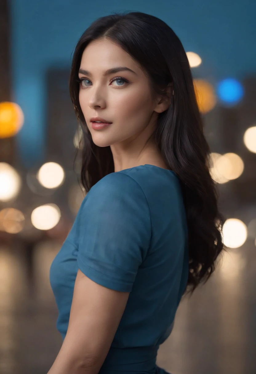 Blue eyes, Masterpiece, Best Quality, 8K, Photographic Reality, Realistic, Octane Rendering, Bustling Urban Streets of CHicago (1 Woman: 1.4), (Only One Woman on the Screen: 1.3), (Blue Shirt), (Long Black Hair), (Hip Wrapped Skirt), (Blue Eyes) Upper Body Display (Asian-American) (Fit, Athletic, Tall)(Small Breasts)