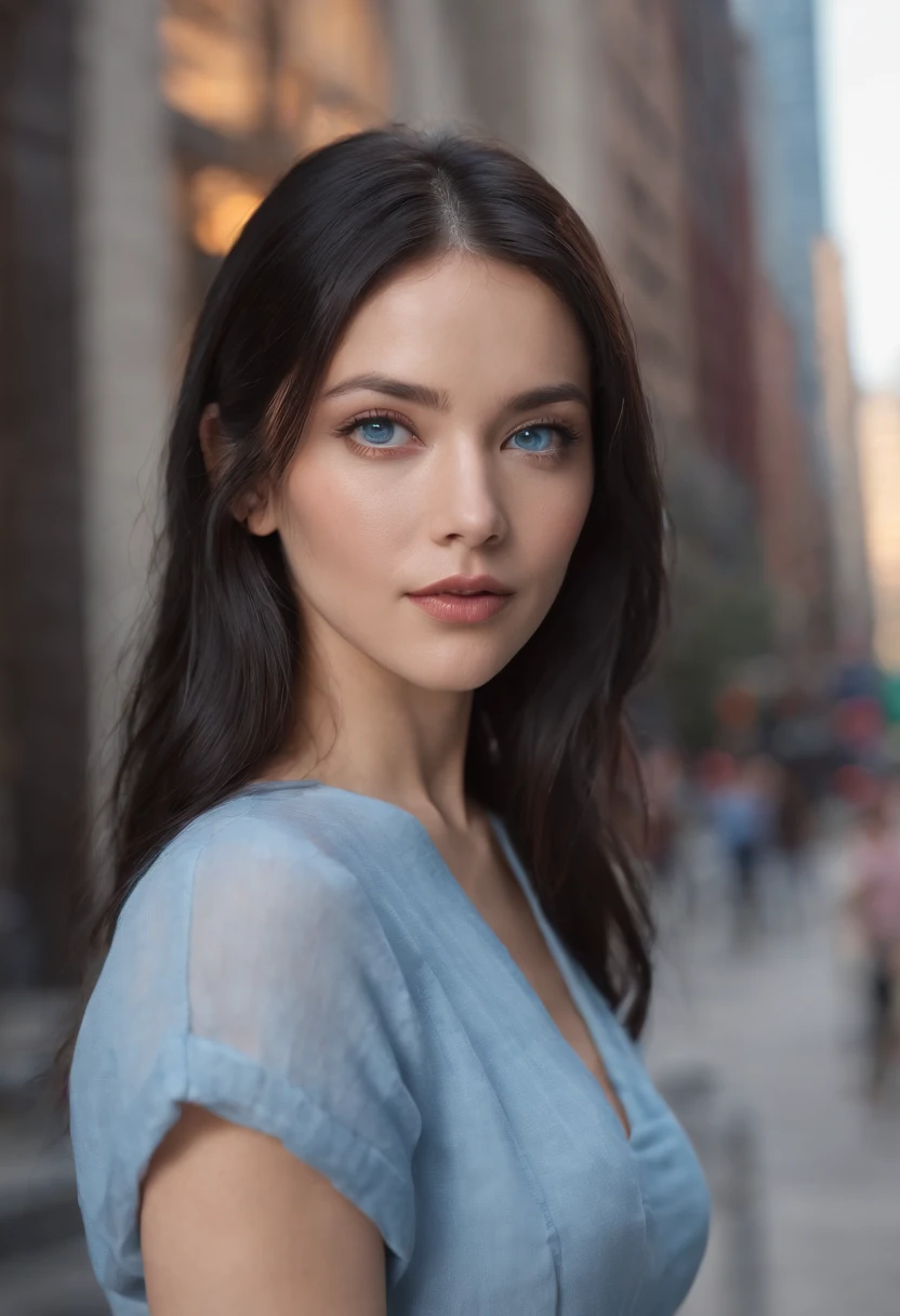 Blue eyes, Masterpiece, Best Quality, 8K, Photographic Reality, Realistic, Octane Rendering, Bustling Urban Streets of CHicago (1 Woman: 1.4), (Only One Woman on the Screen: 1.3), (Blue Shirt), (Long Black Hair), (Hip Wrapped Skirt), (Blue Eyes) Upper Body Display (Asian-American) (Fit, Athletic, Tall)(Small Breasts)