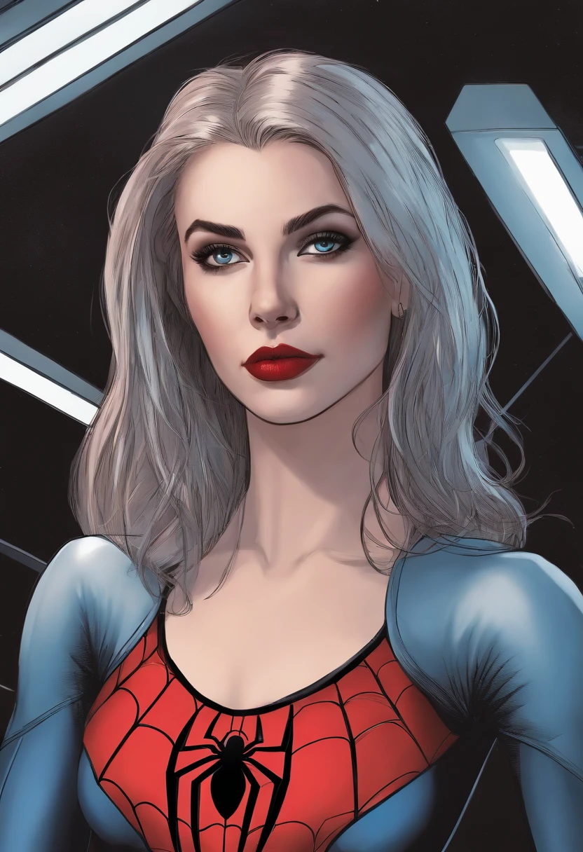 marvel conic panel, teenage girl, fair pale skin, grey blue eyes, black and pink shoulder length hair, long lashes, black and red spiderman suit, eyeliner, red lips