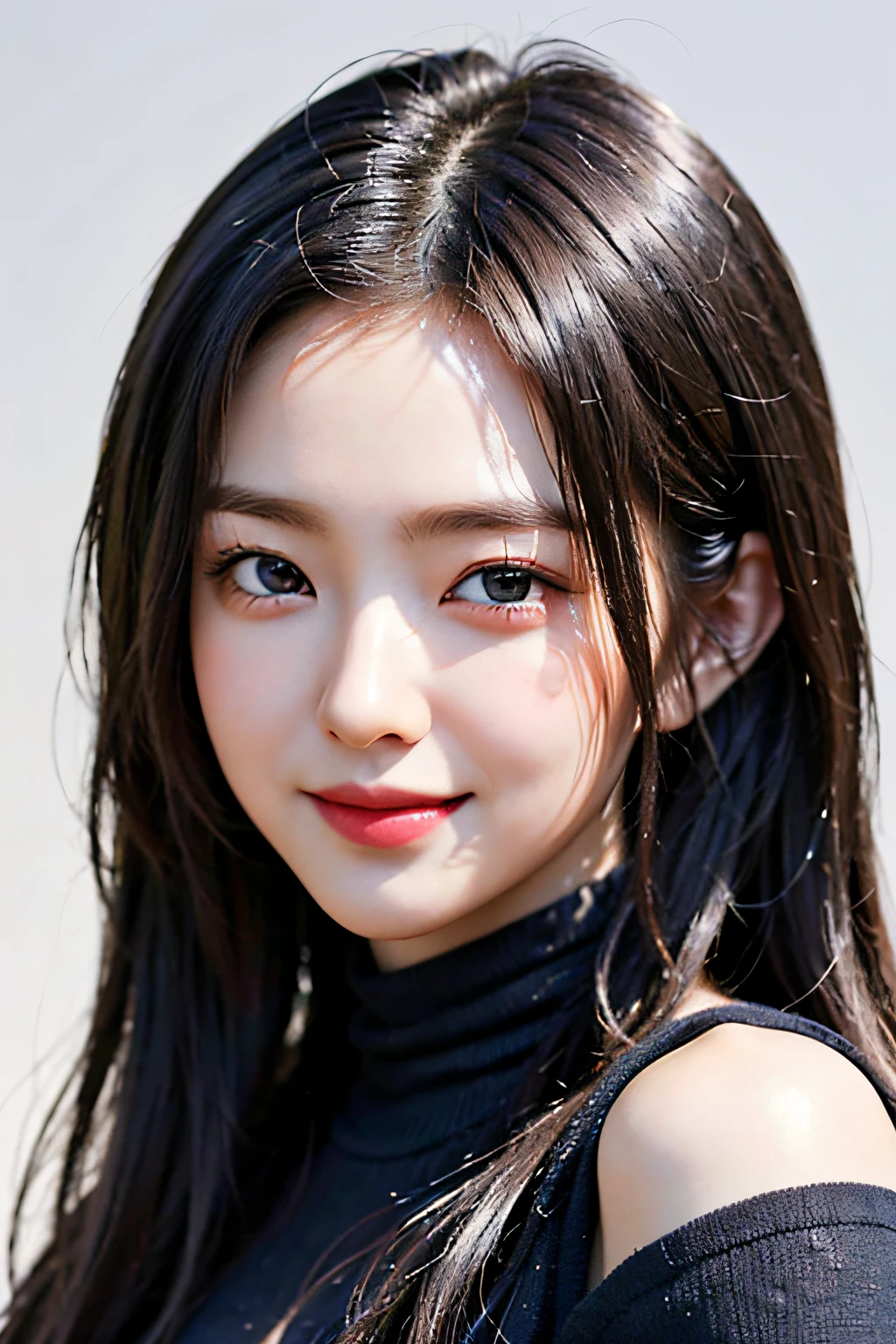 超A high resolution、masterpiece、top-quality、
extra detailed face、A detailed eye、Very complex and、perfect glossy shiny skins、Perfect litthing、detailed lighting、Dramatic shadows、Ray traching、
1 girl in、The upper part of the body、Black sweater、looking at the viewers、Shy smile