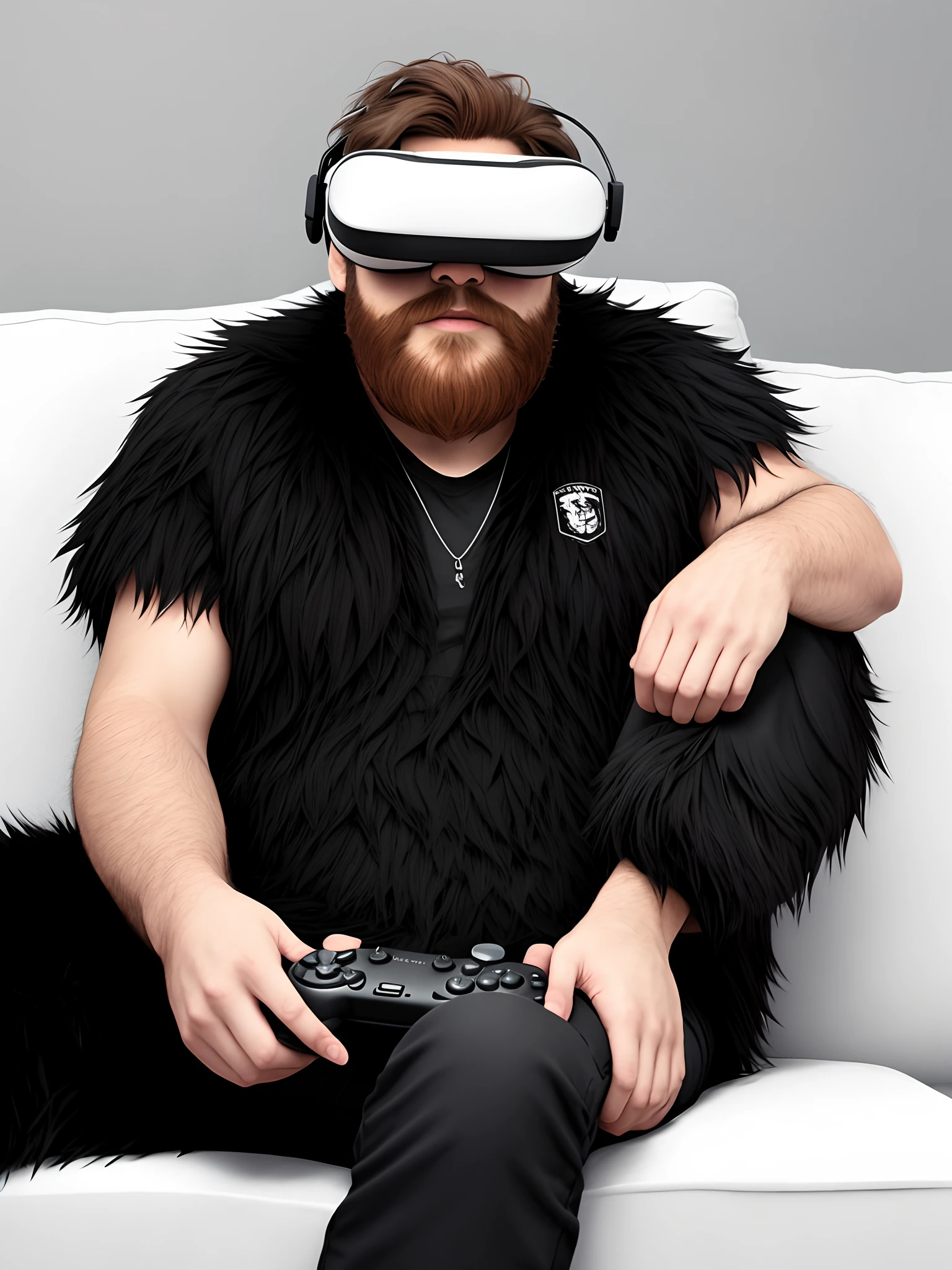 White background, no background, no backgrounds, picture of very hairy giant Sasquatch with black hair all over his body sitting on a sofa floating in all white space wearing a virtual reality headset over his eyes and playing video games, black and white line art style, furry body, video game controllers in hands, whole body covered in black fur
